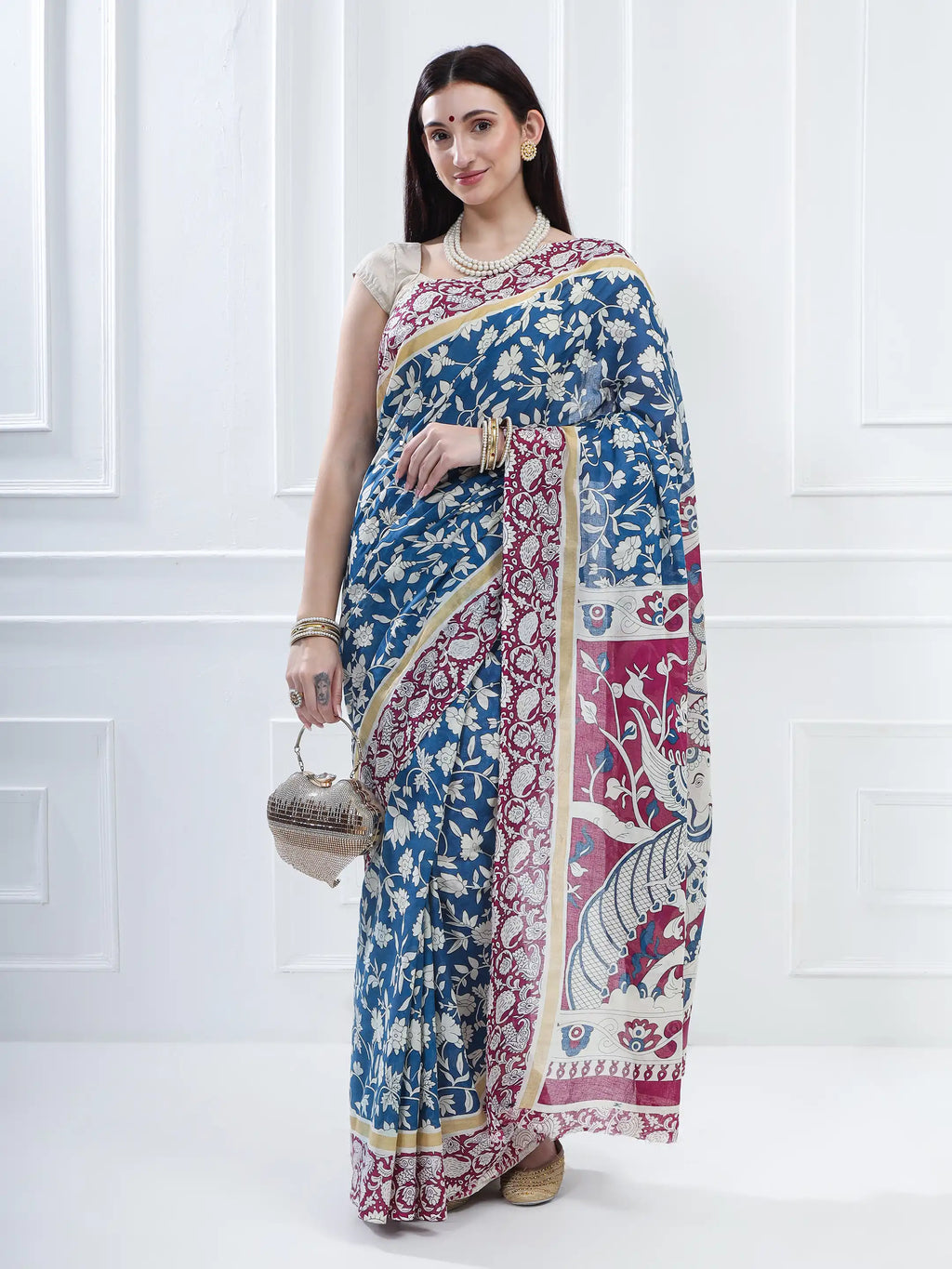 Ajrakh Print Cotton Saree - Sea Blue & Magenta