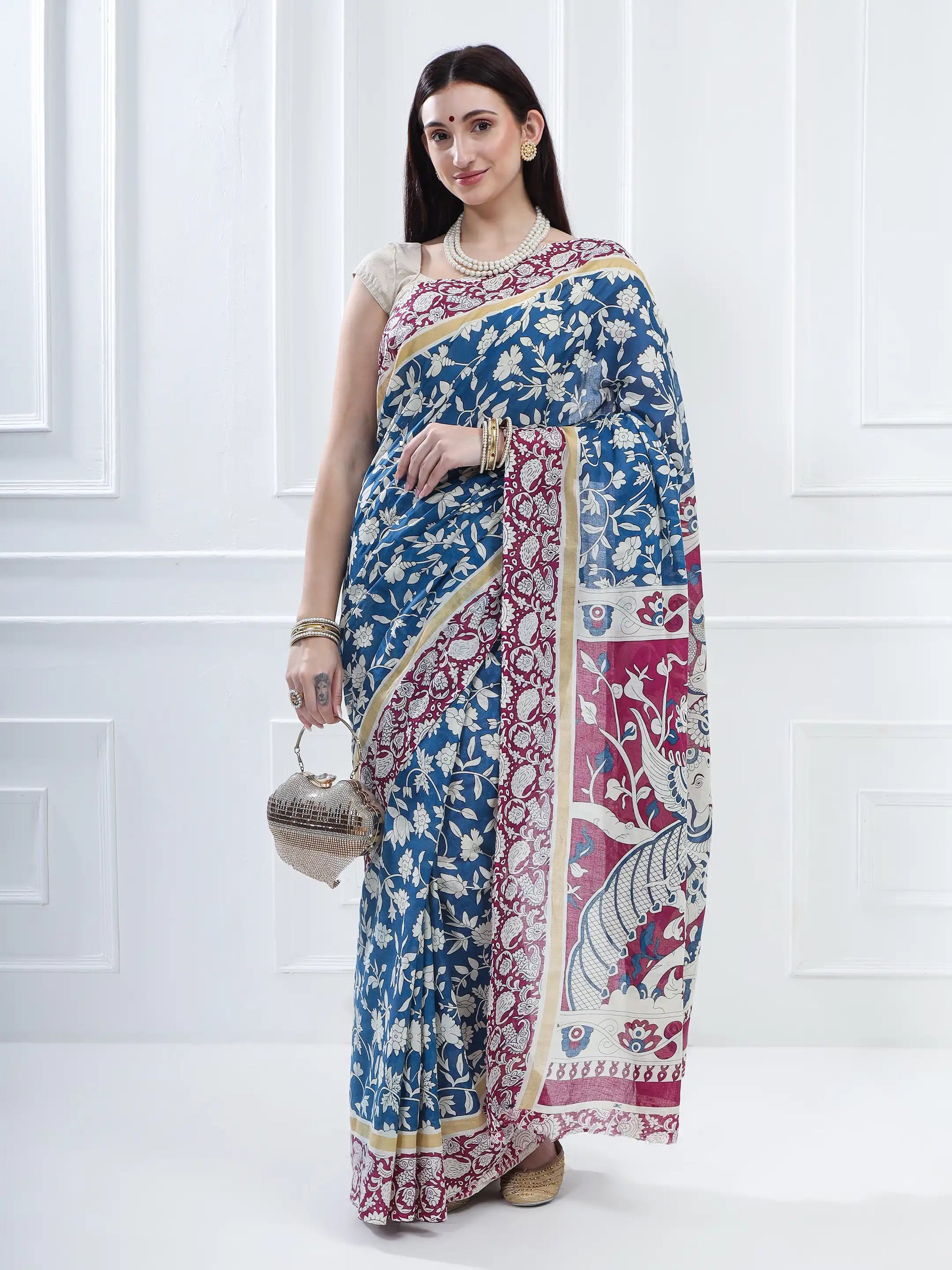 Ajrakh Print Cotton Saree - Sea Blue & Magenta