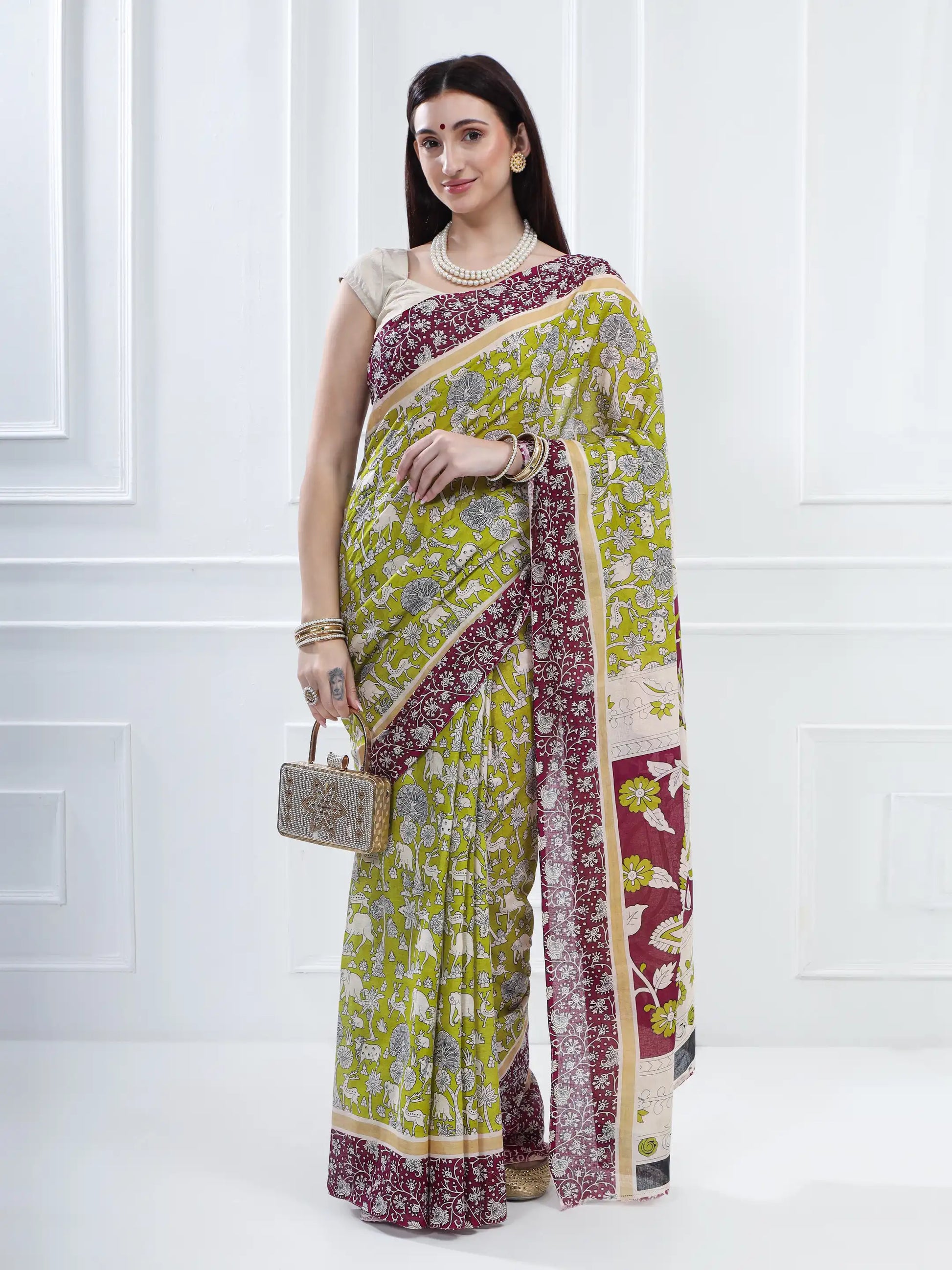 Ajrakh Print Cotton Saree - Green and Magenta