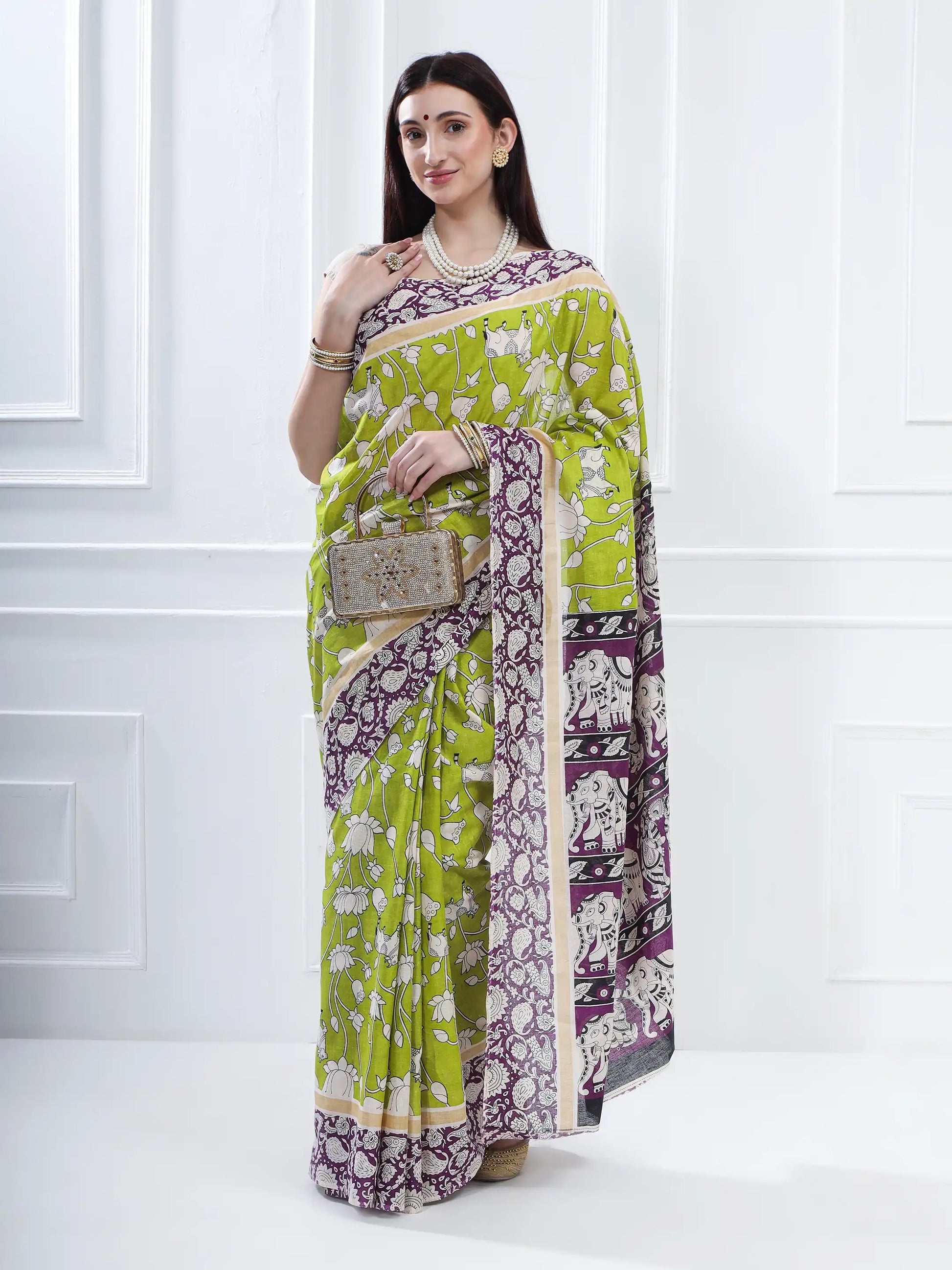 Ajrakh Print Cotton Saree - Green & Purple