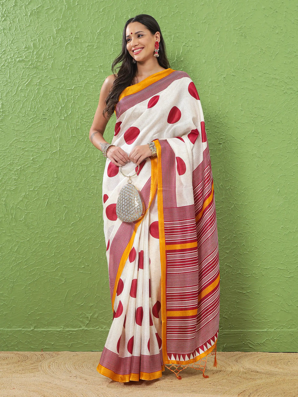 Khadi Silk Saree with Polka Motifs & Yellow Accent