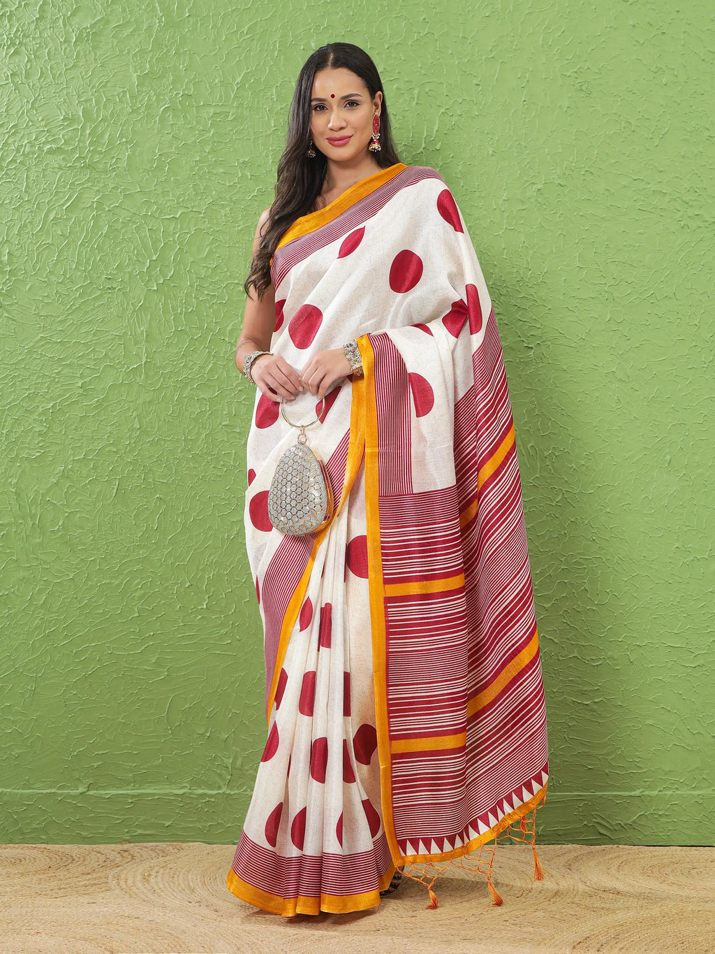 Khadi Silk Saree with Polka Motifs & Yellow Accent