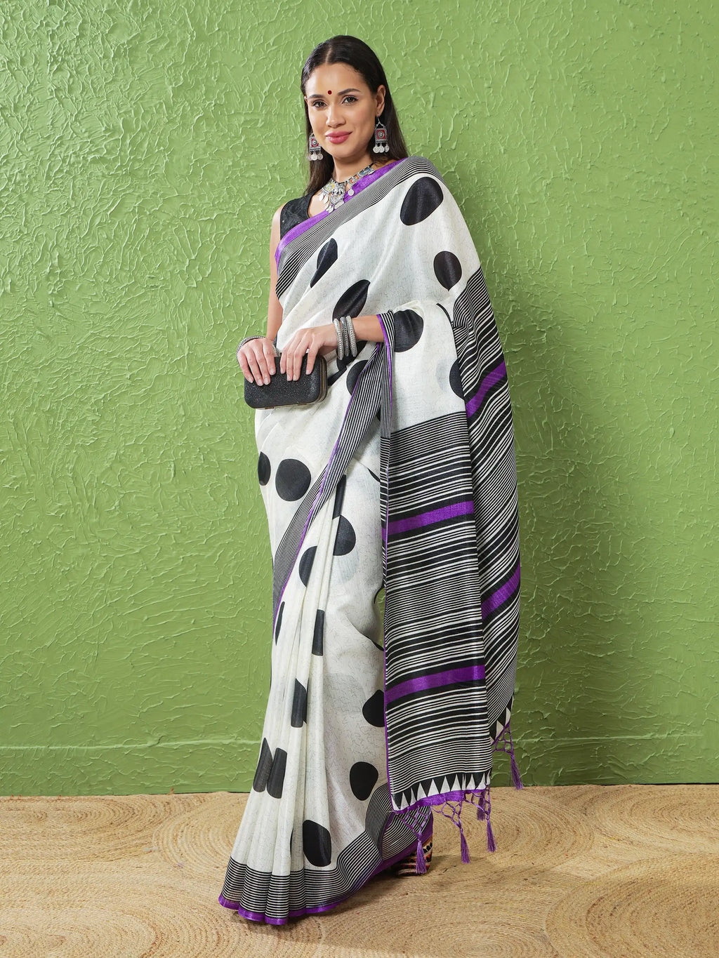 Khadi Silk Saree with Polka Motifs & Purple Accents