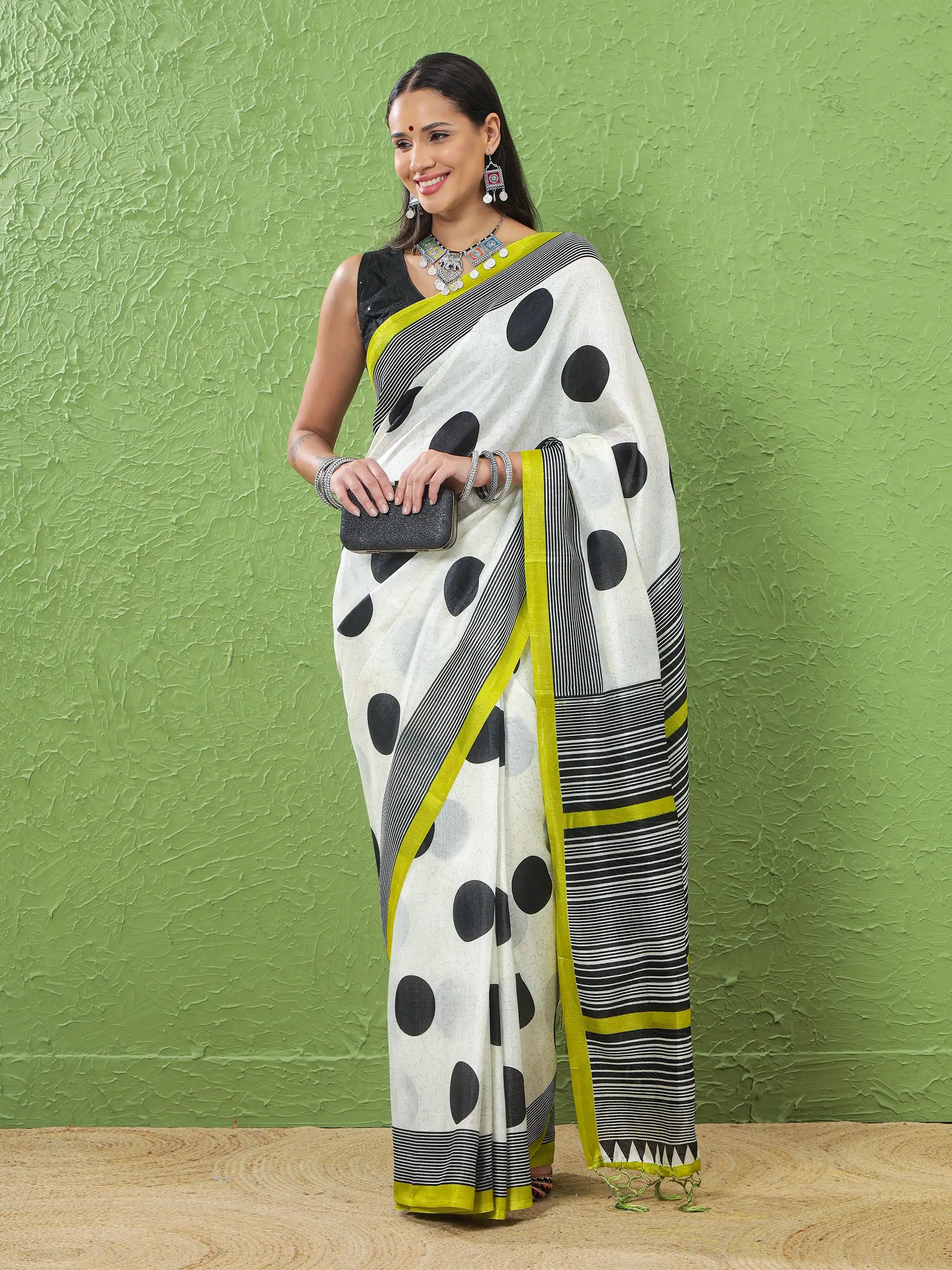 Khadi Silk Saree with Polka Motifs & Neon Accent