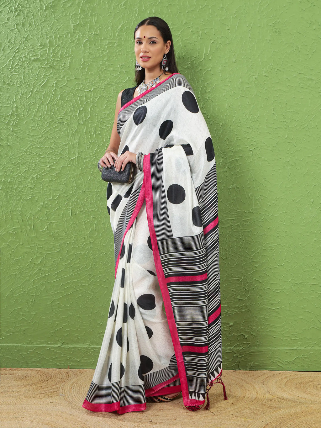 Khadi Silk Saree with Polka Motifs & Pink Accent