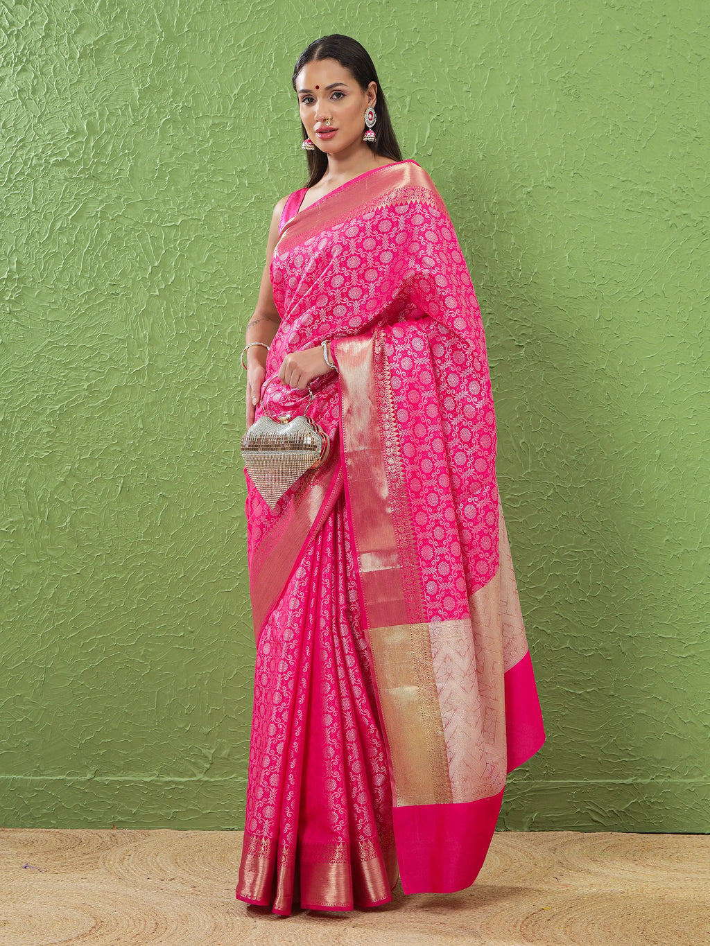 Banarasi Silk Heavy Jaal Weave Saree - Rose Pink