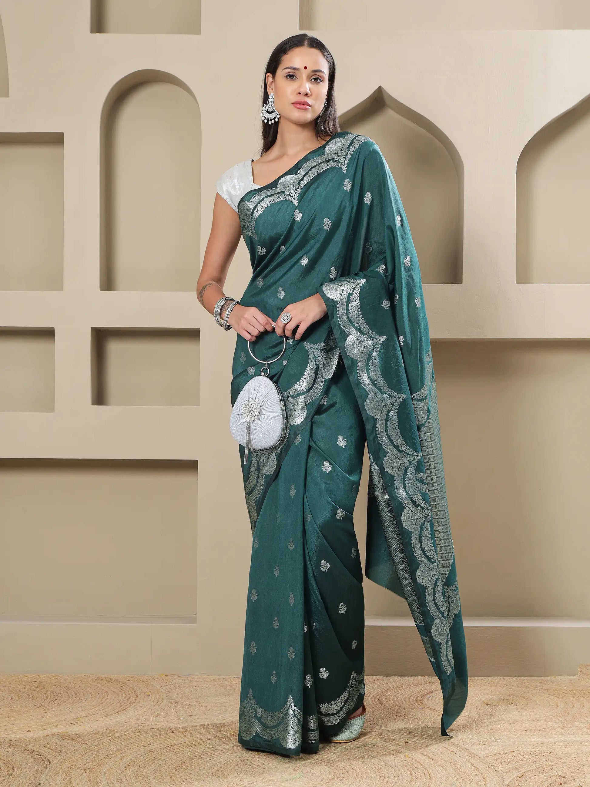 Banarasi Silk Mehrab Design Saree - Forest Green