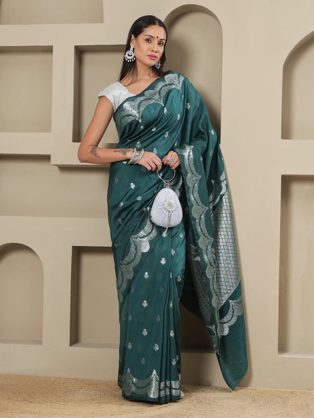 Banarasi Silk Mehrab Design Saree - Forest Green