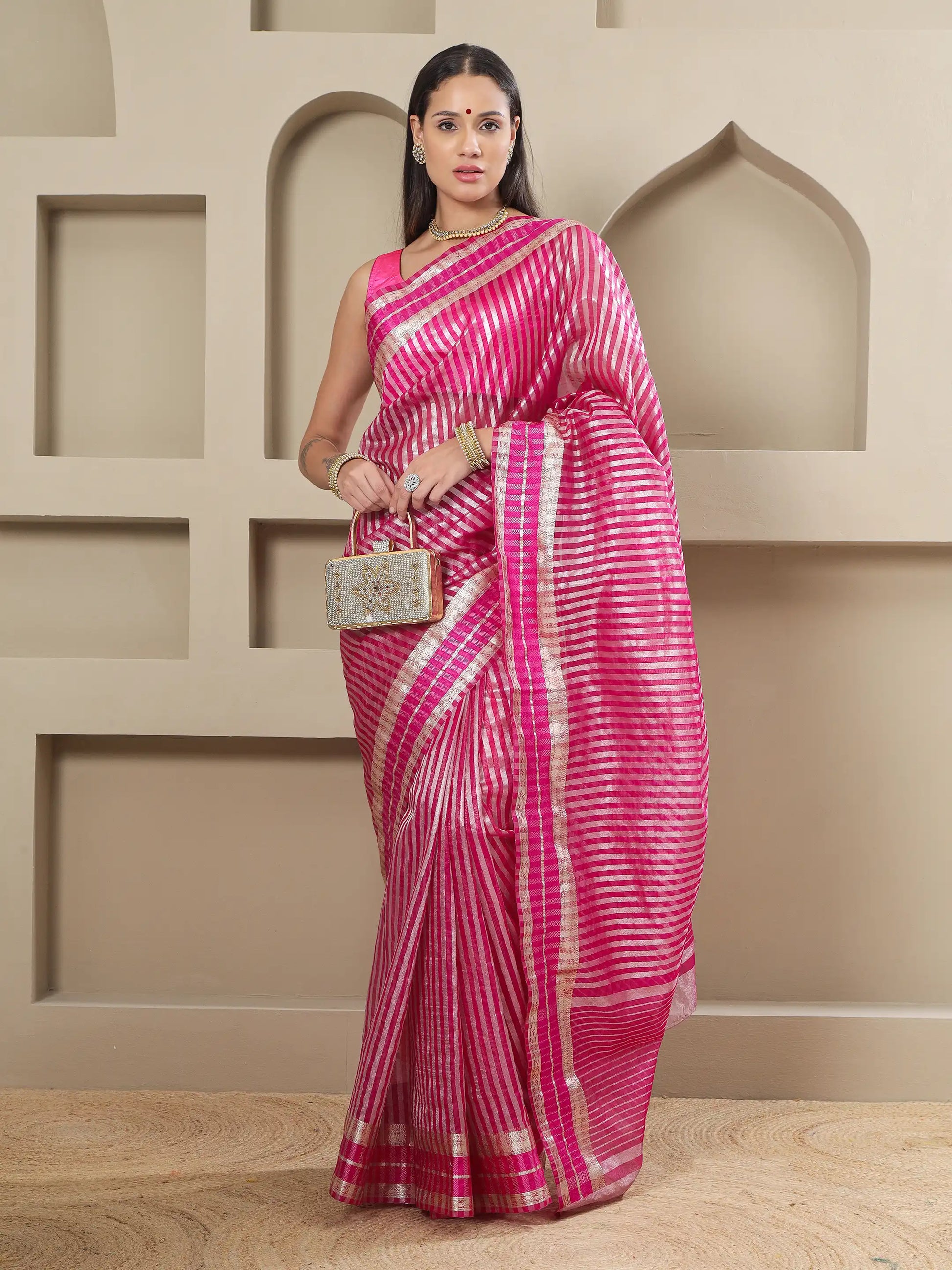Banarasi Striped Zari Tissue Saree - Pink