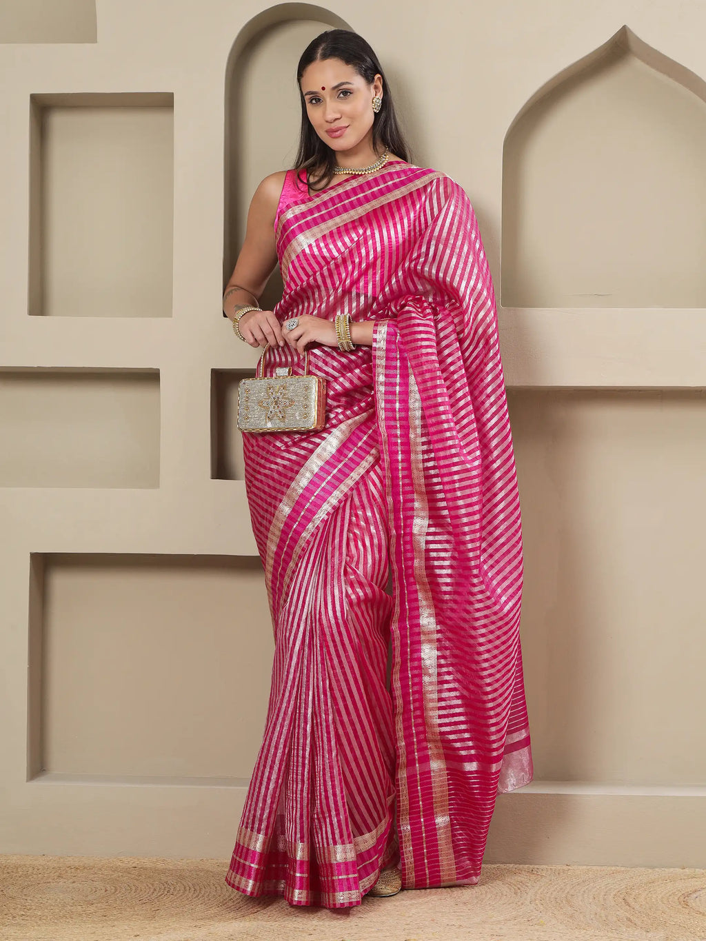 Banarasi Striped Zari Tissue Saree - Pink