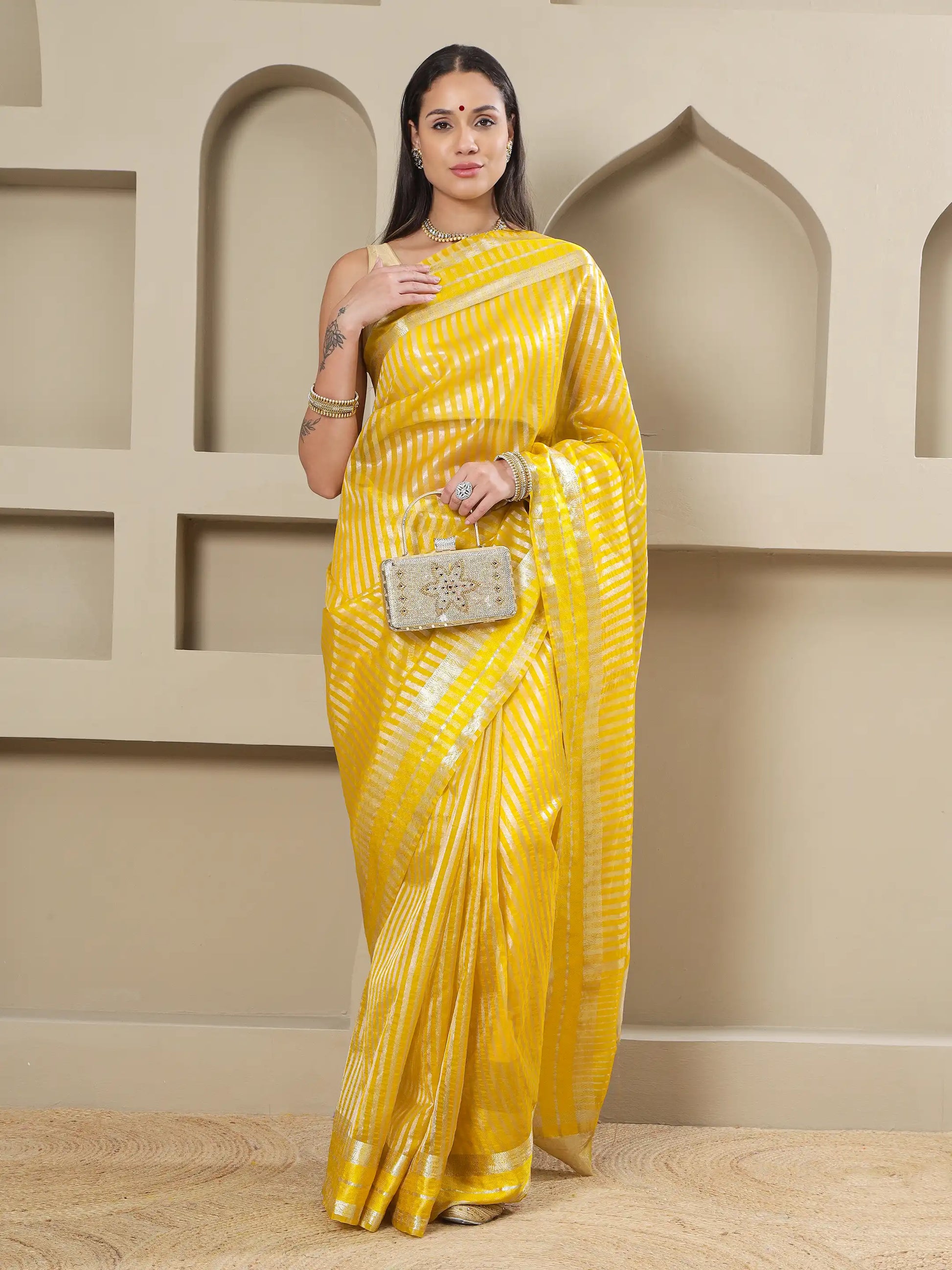 Banarasi Striped Zari Tissue Saree - Yellow