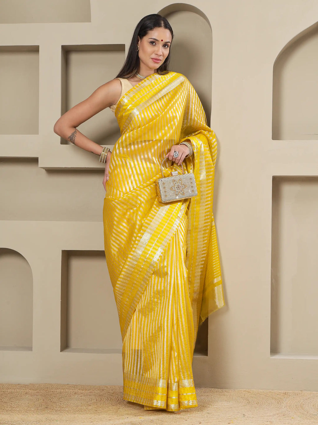 Banarasi Striped Zari Tissue Saree - Yellow