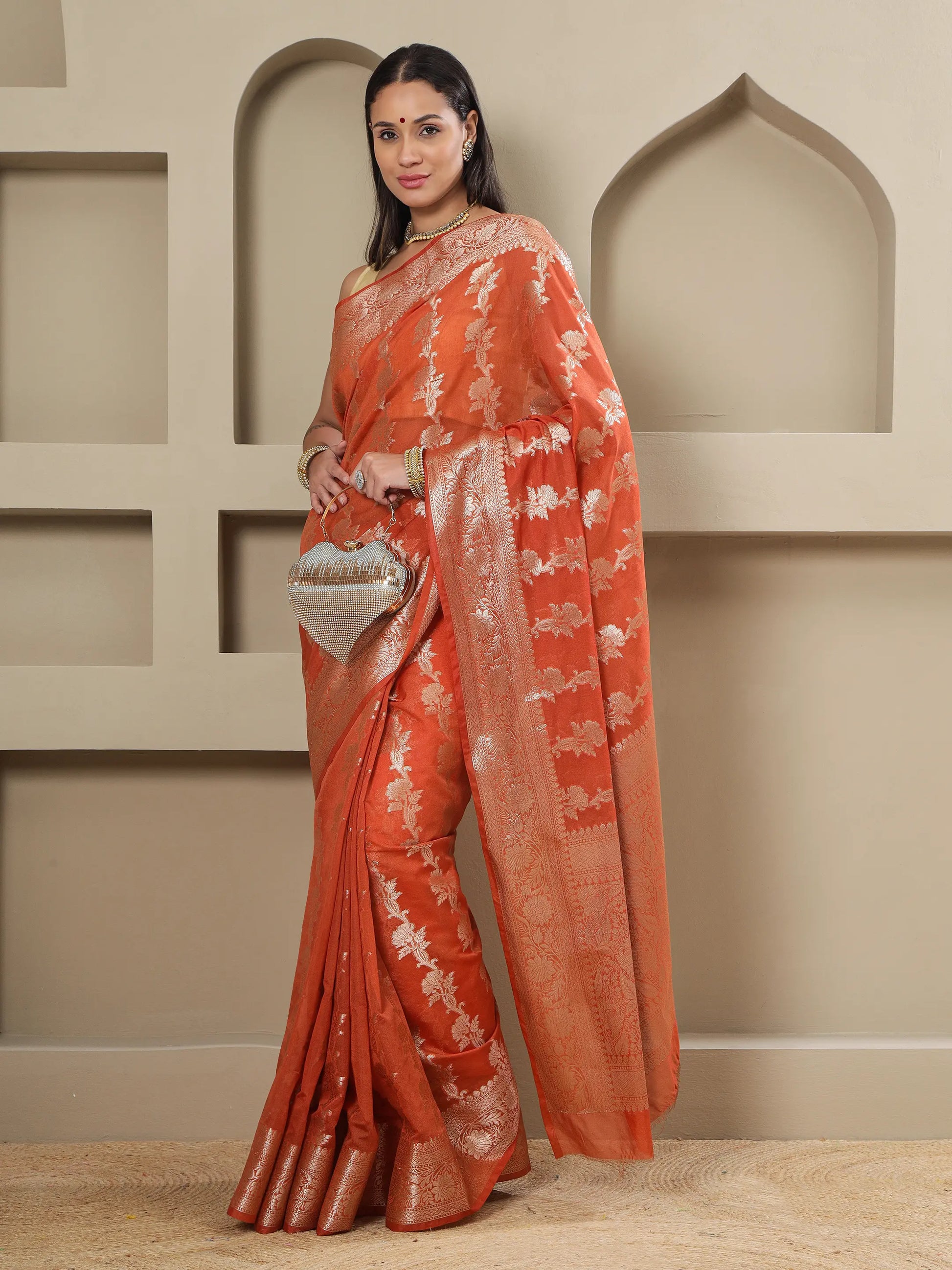 Banarasi Silk Heavy Zari Work - Tangerine Orange