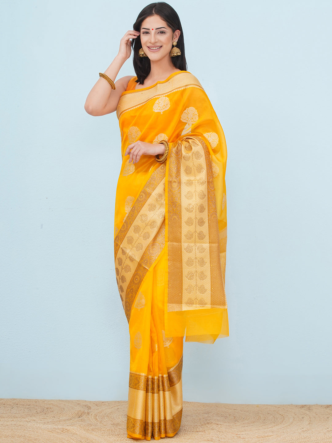 Banarasi Organza Broad Border Saree - Mango Yellow