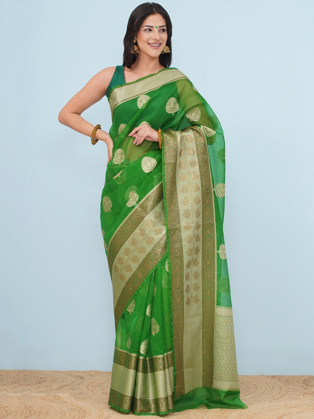 Banarasi Organza Broad Border Saree - Emerald Green