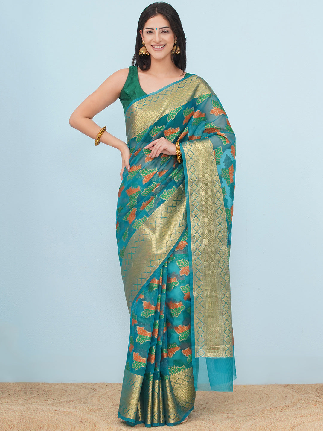 Banarasi Organza Saree with Golden Zari Border - Teal Blue