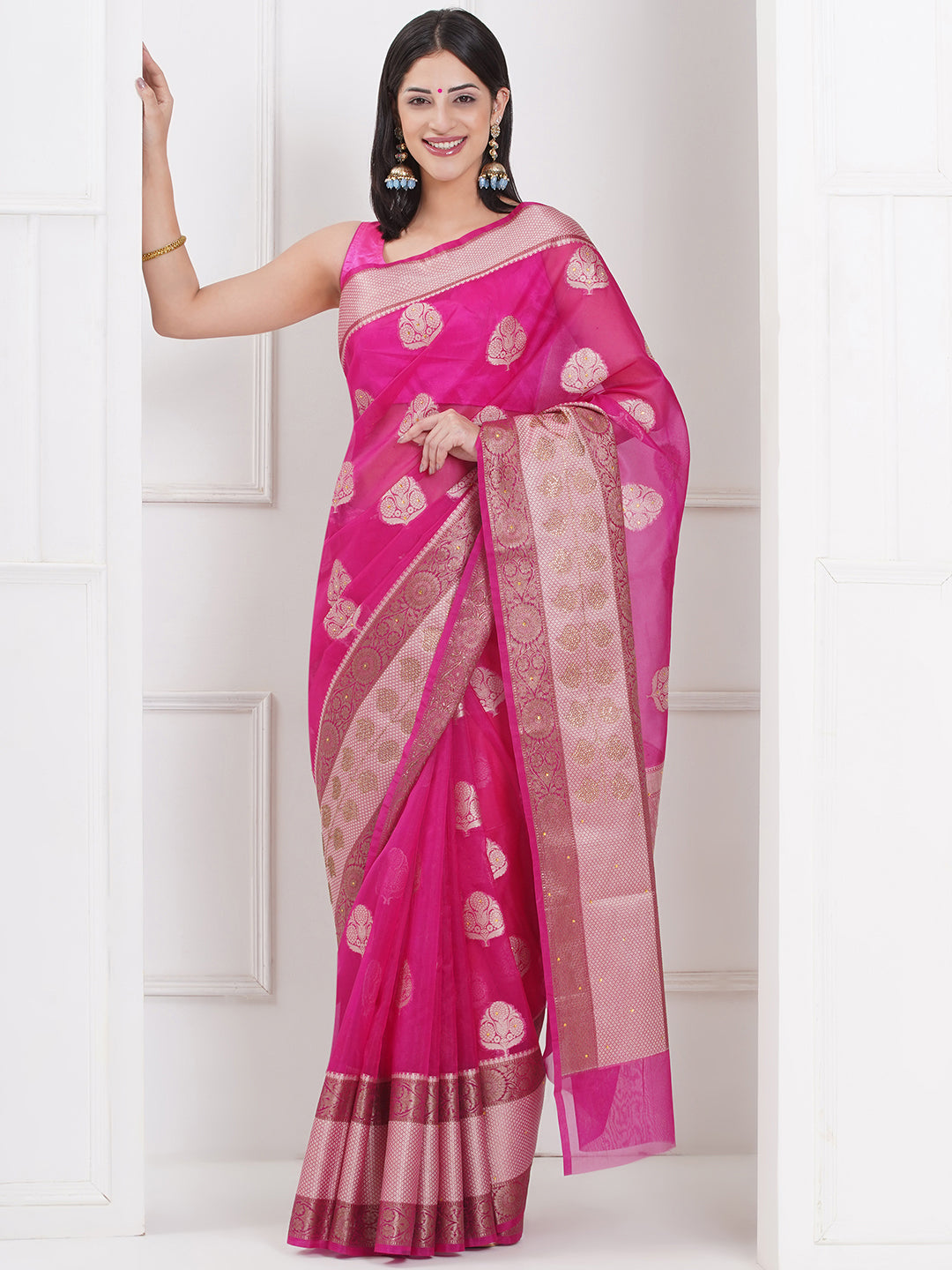 Banarasi Organza Broad Border Saree - Rani Pink