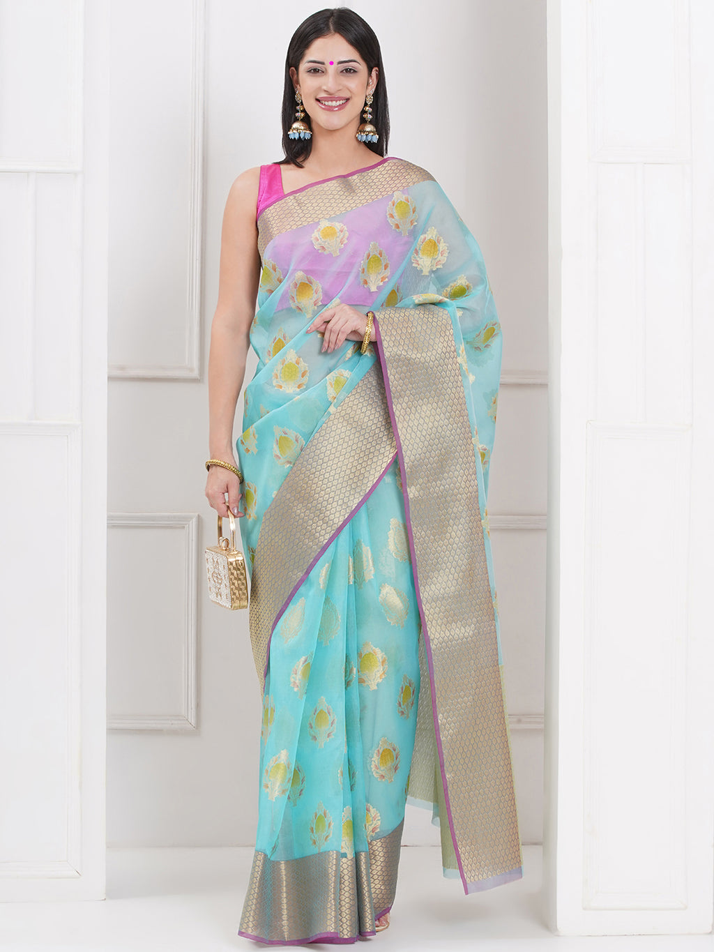 Banarasi Organza Saree with Golden Zari Border - Sky Blue