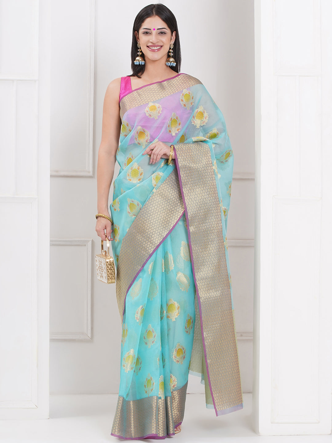 Banarasi Organza Saree with Golden Zari Border - Sky Blue