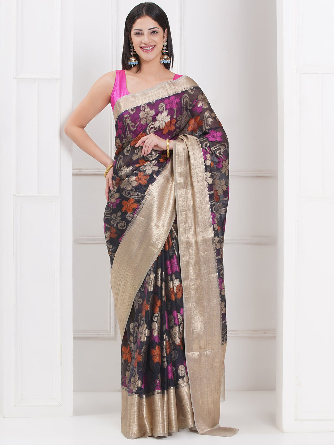 Banarasi Organza Saree With Golden Zari Border - Black