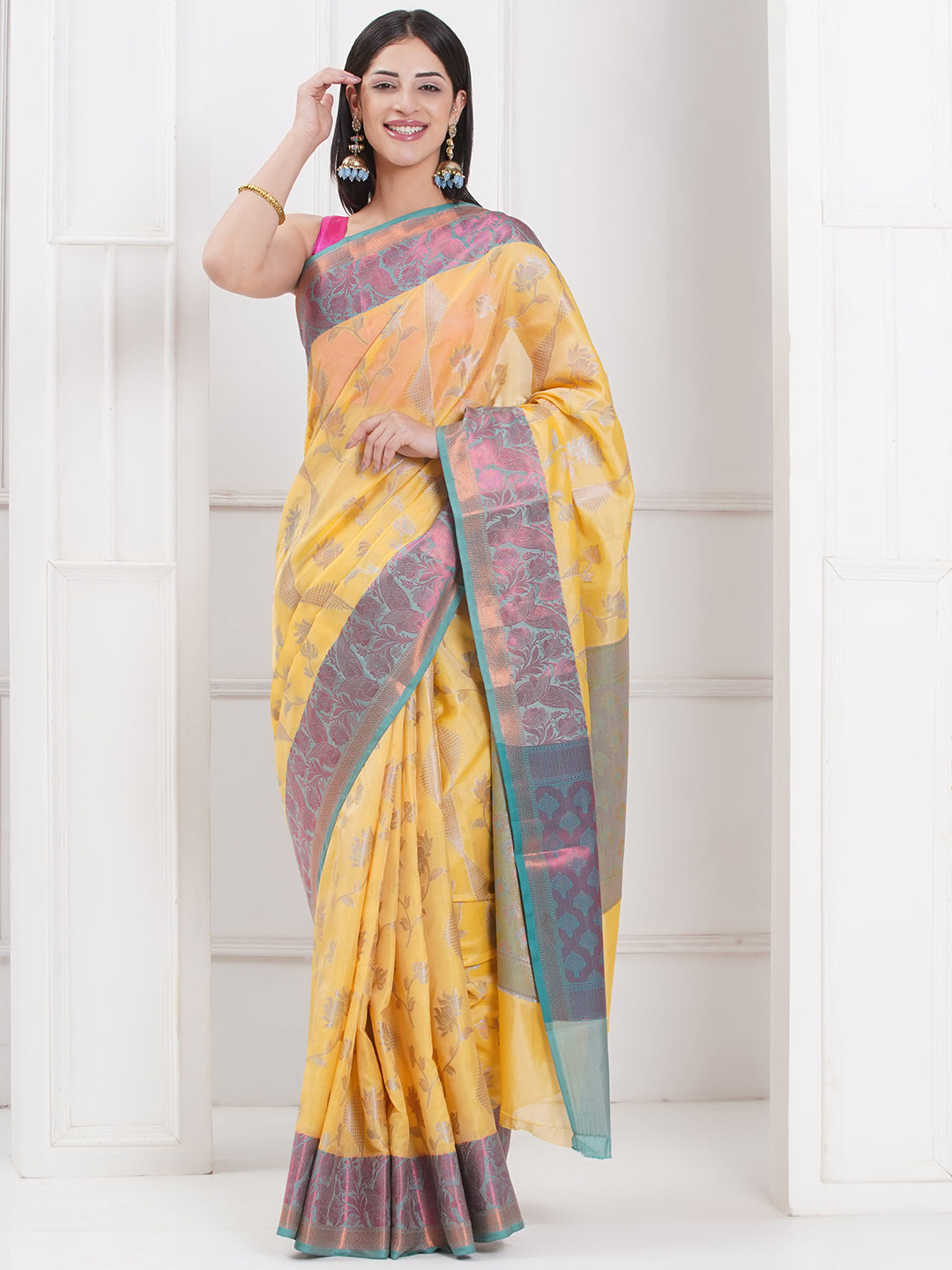 Banarasi Silk Blend Broad Border Saree – Golden Yellow
