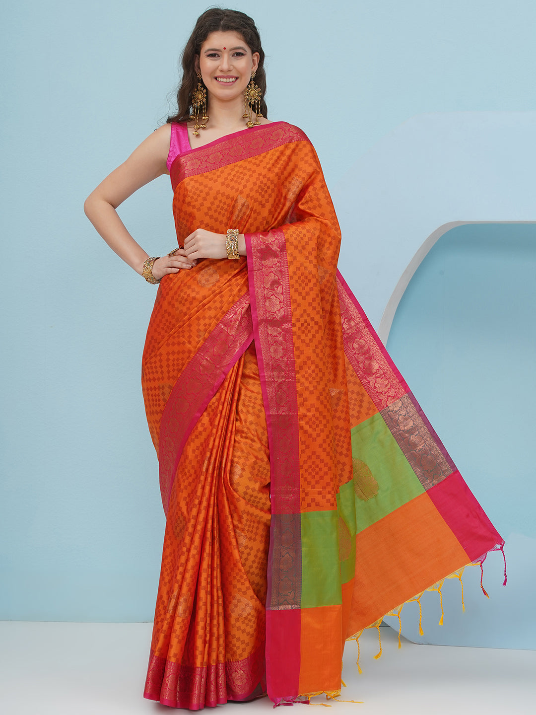 Banarasi Silk Blend Woven Border Saree – Tangerine Orange