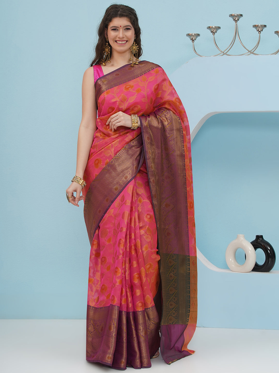 Banarasi Silk Blend Woven Border Saree – Magenta