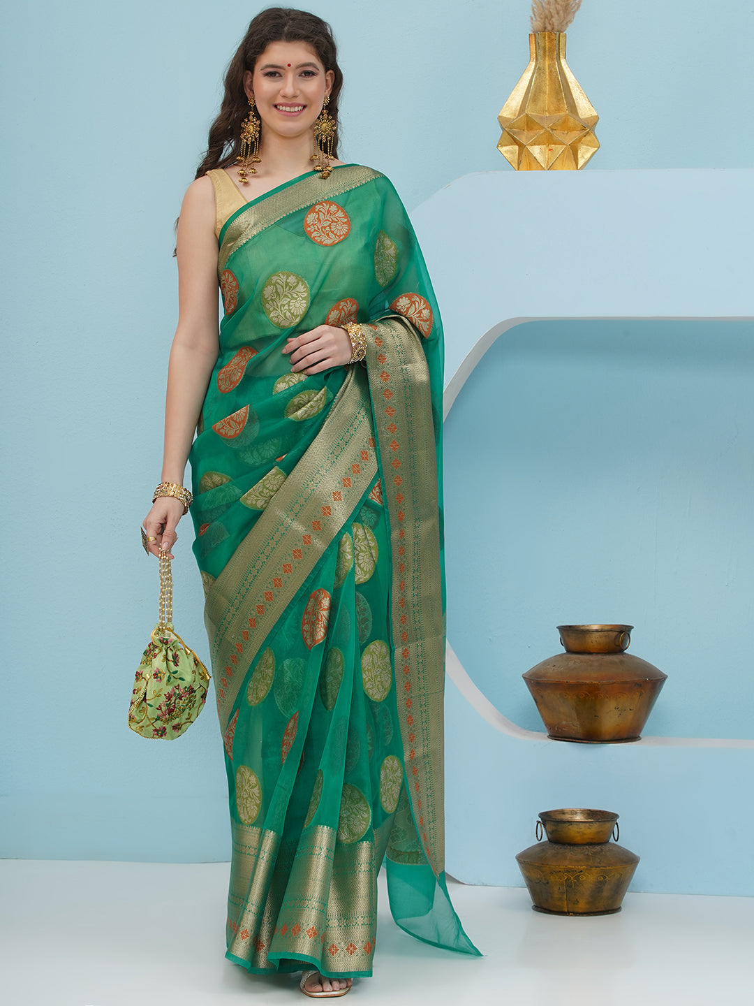 Banarasi Organza Woven Saree – Emerald Green