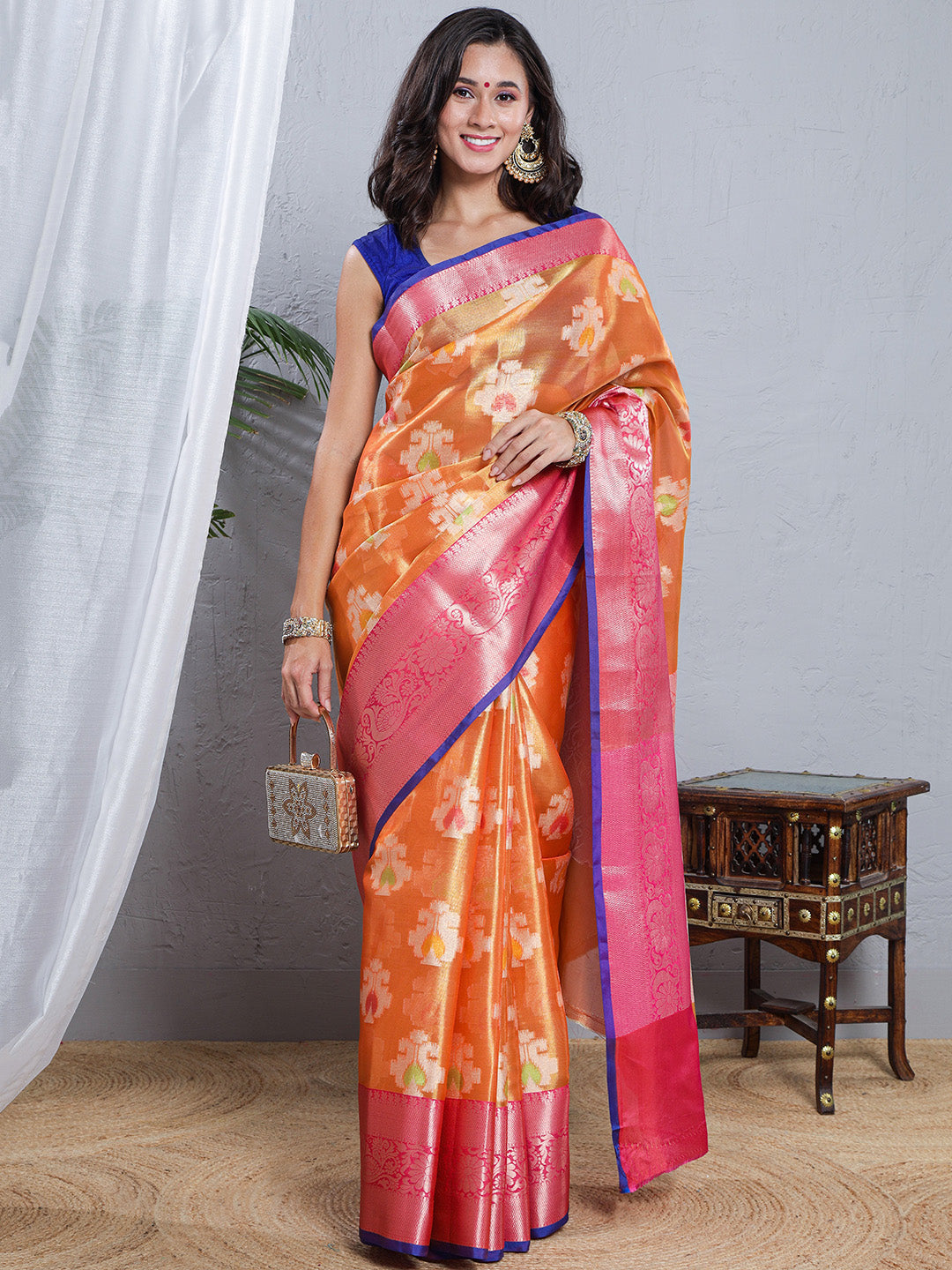 Banarasi Woven Tissue Skirt Border Saree - Orange & Pink