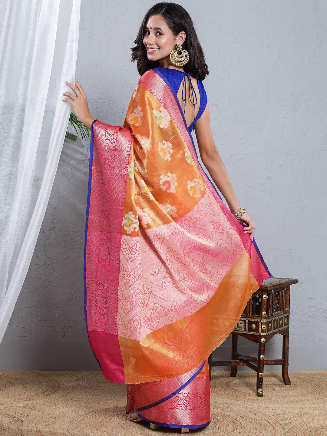 Banarasi Woven Tissue Skirt Border Saree - Orange & Pink