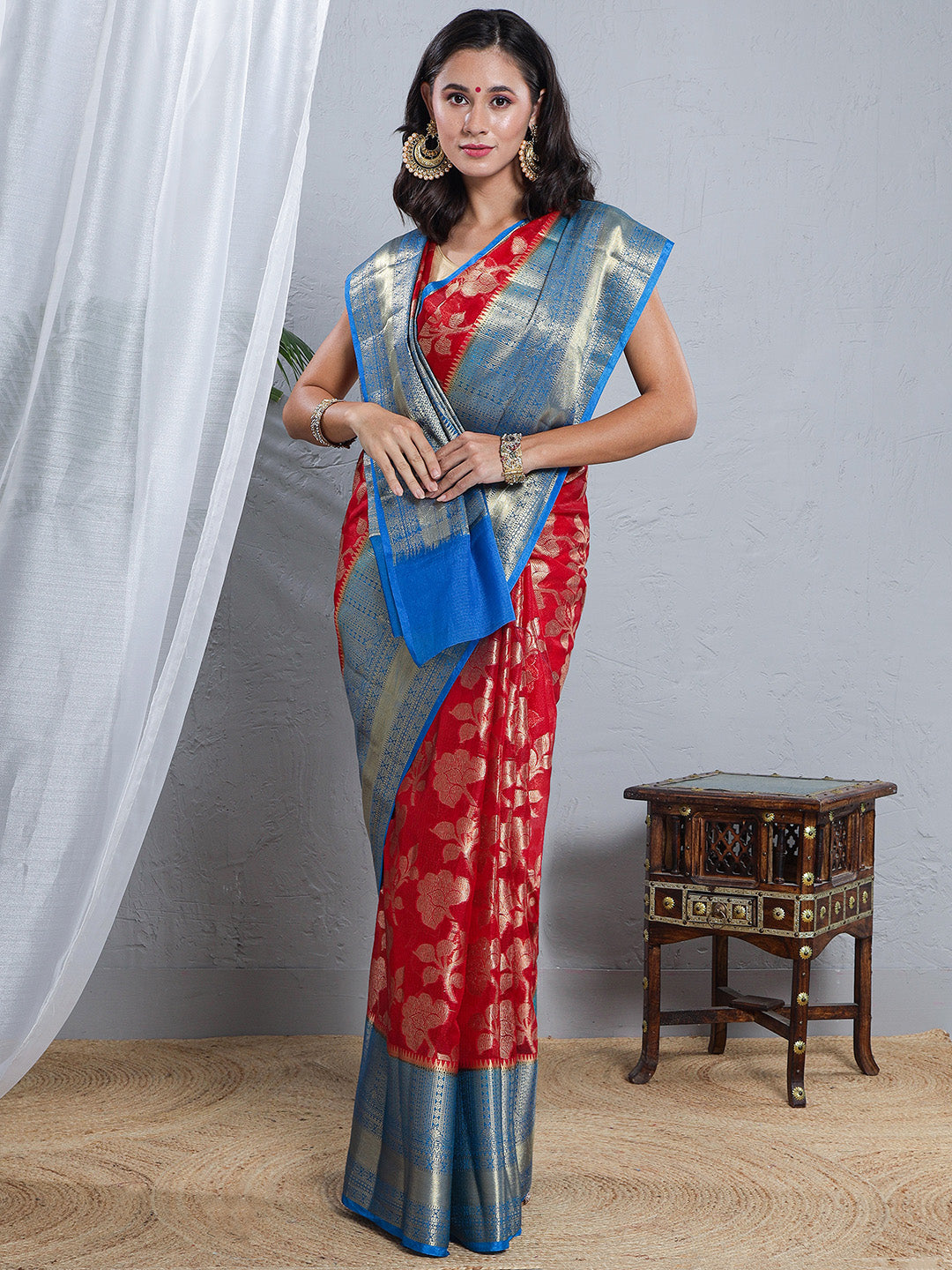 Banarasi Kota Silk Woven Skirt Body Saree - Red & Blue