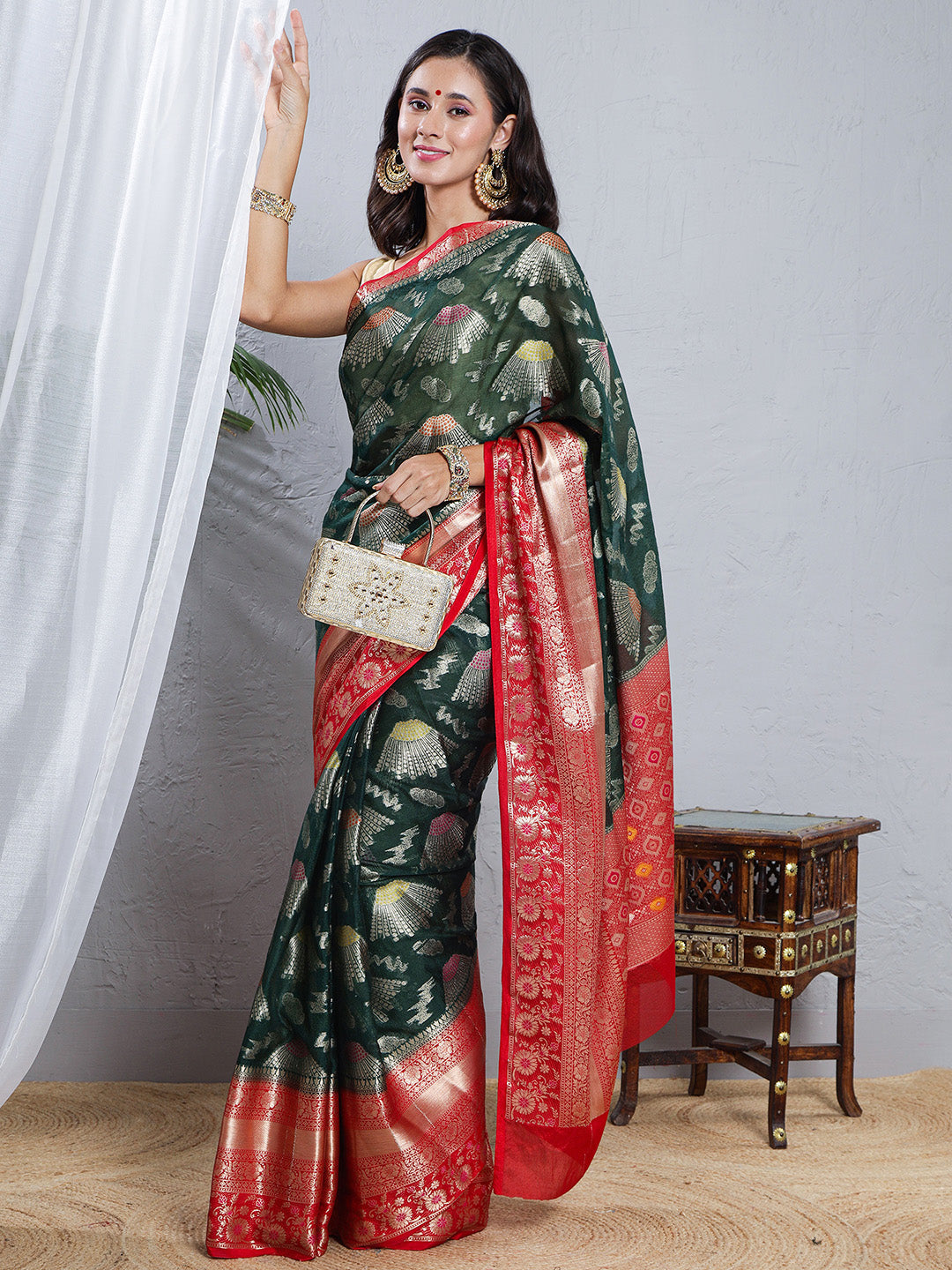 Banarasi Kota Silk Woven Skirt Border Saree - Deep Green & Red