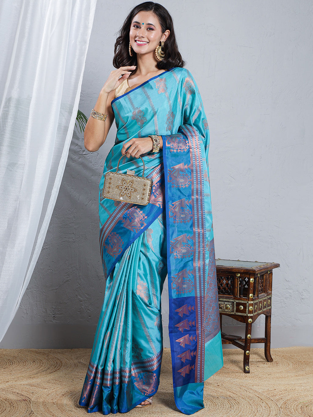 Banarasi Silk Woven Saree - Aqua Blue & Royal Blue