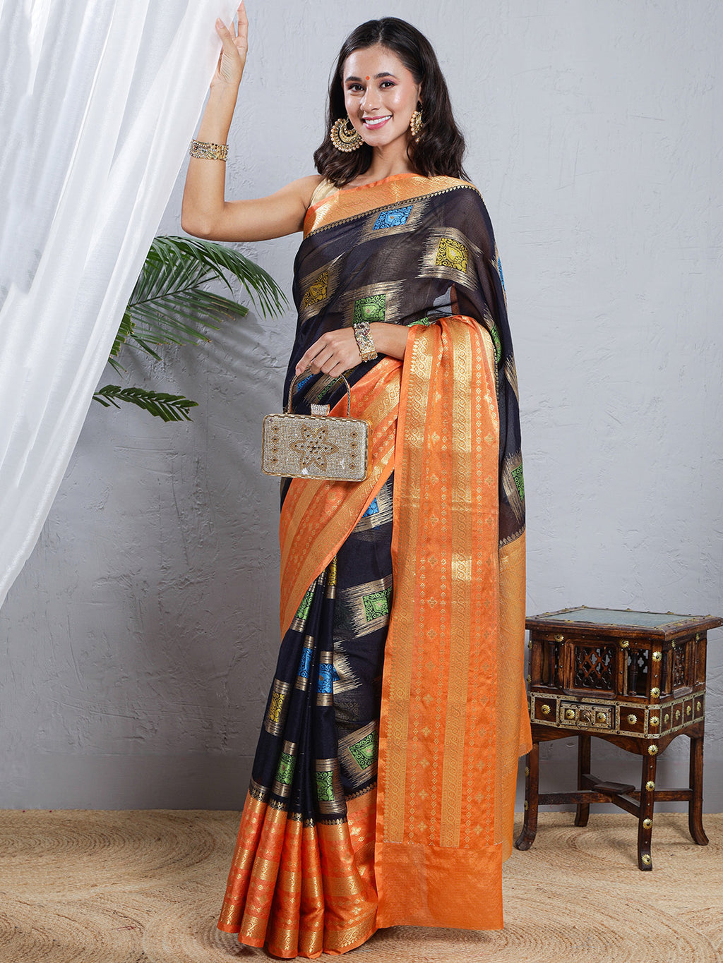 Banarasi Kota Silk Woven Skirt Body Saree - Navy Blue & Orange