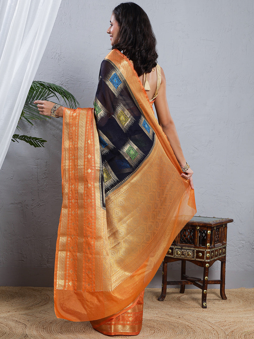 Banarasi Kota Silk Woven Skirt Body Saree - Navy Blue & Orange