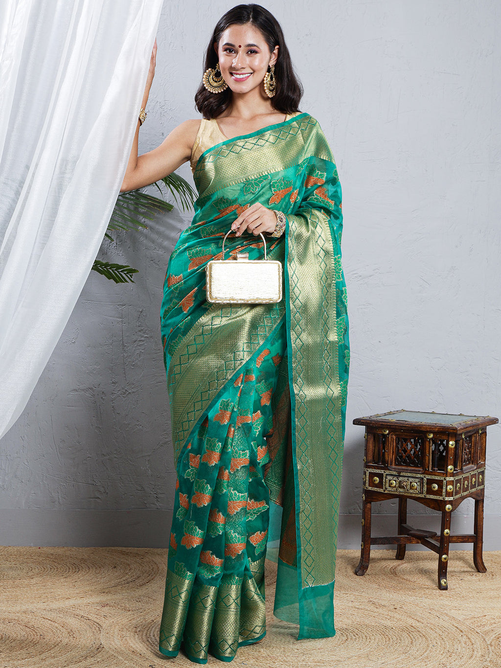 Banarasi Organza Saree with Golden Zari Border - Green