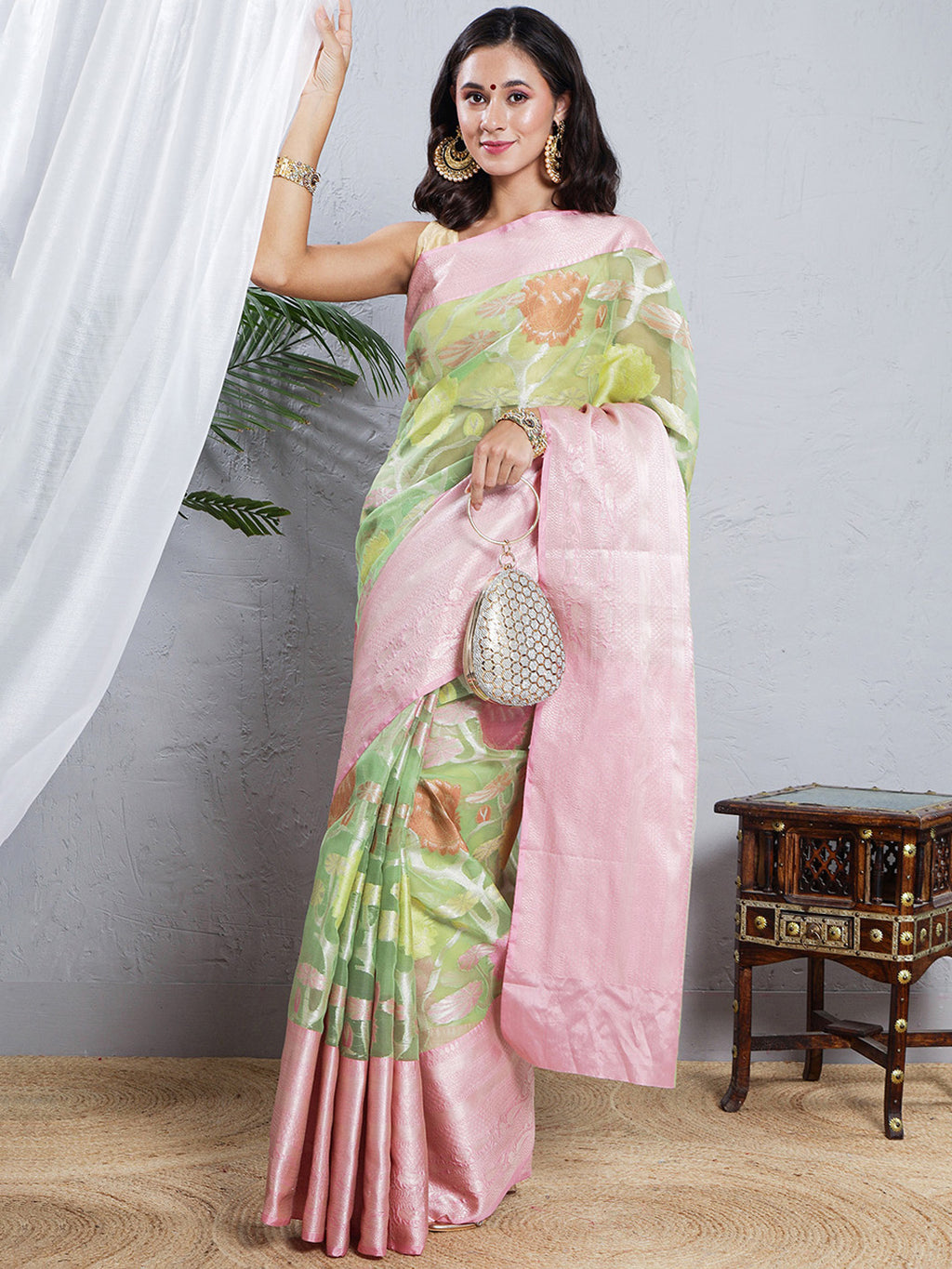 Banarasi Organza Floral Woven Saree - Soft Pink & Pastel Green