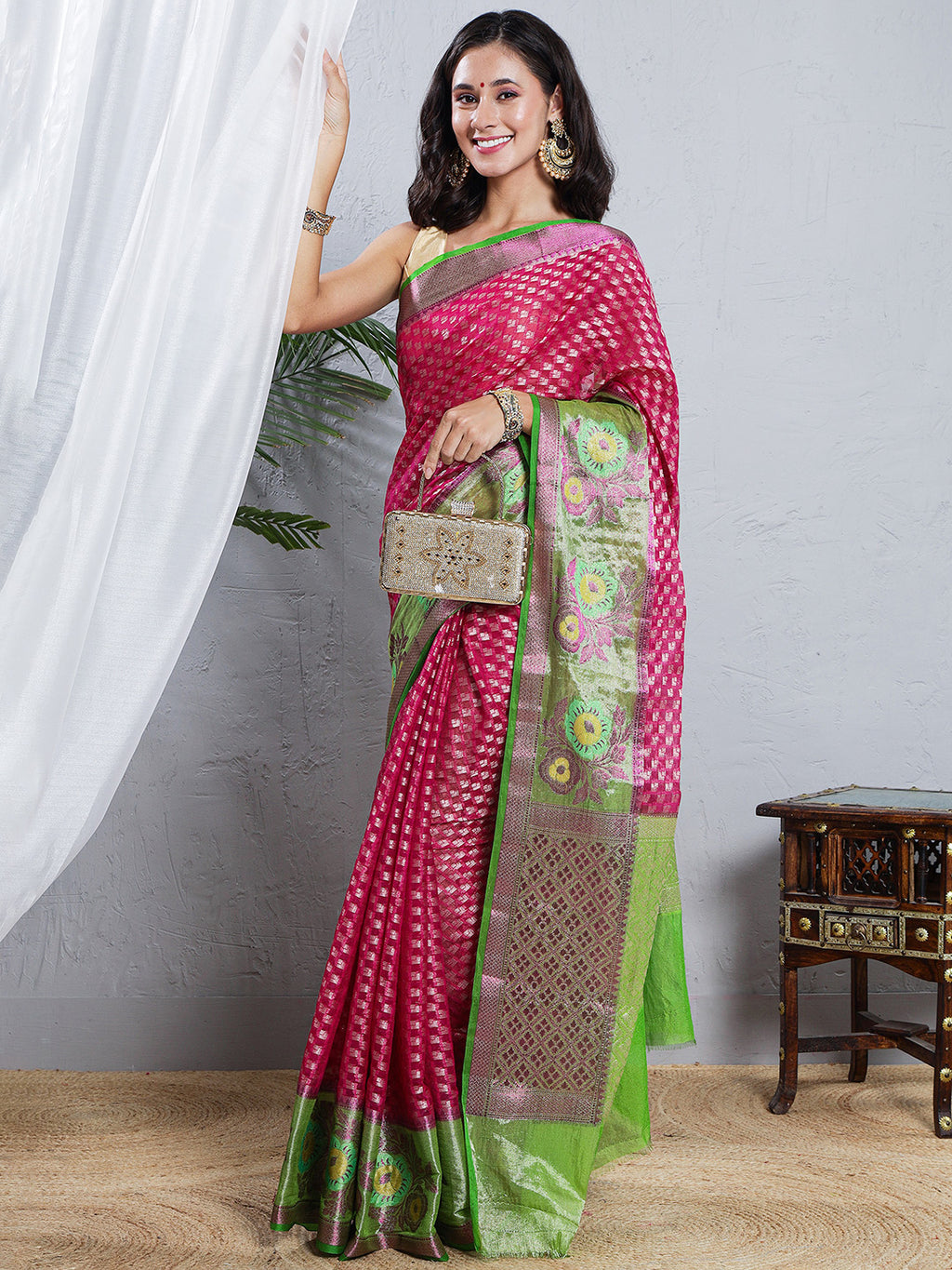 Banarasi Pure Georgette Zari Buta Woven Saree – Magenta
