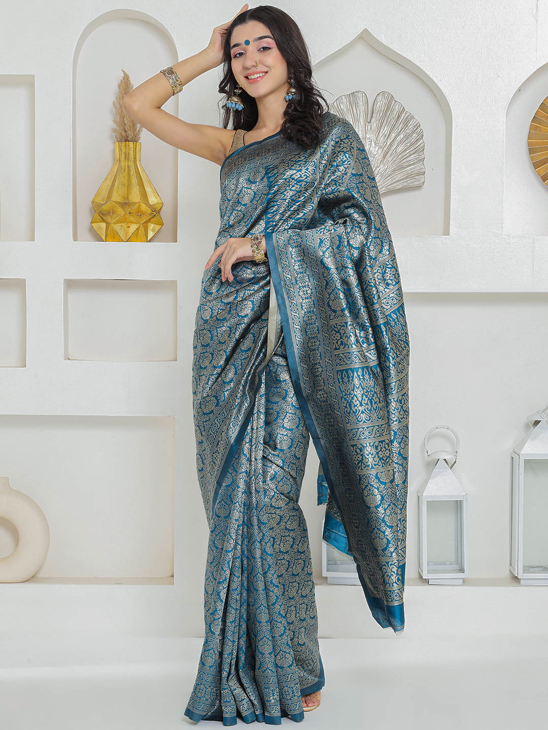 Brocade Silk Saree - Midnight Teal