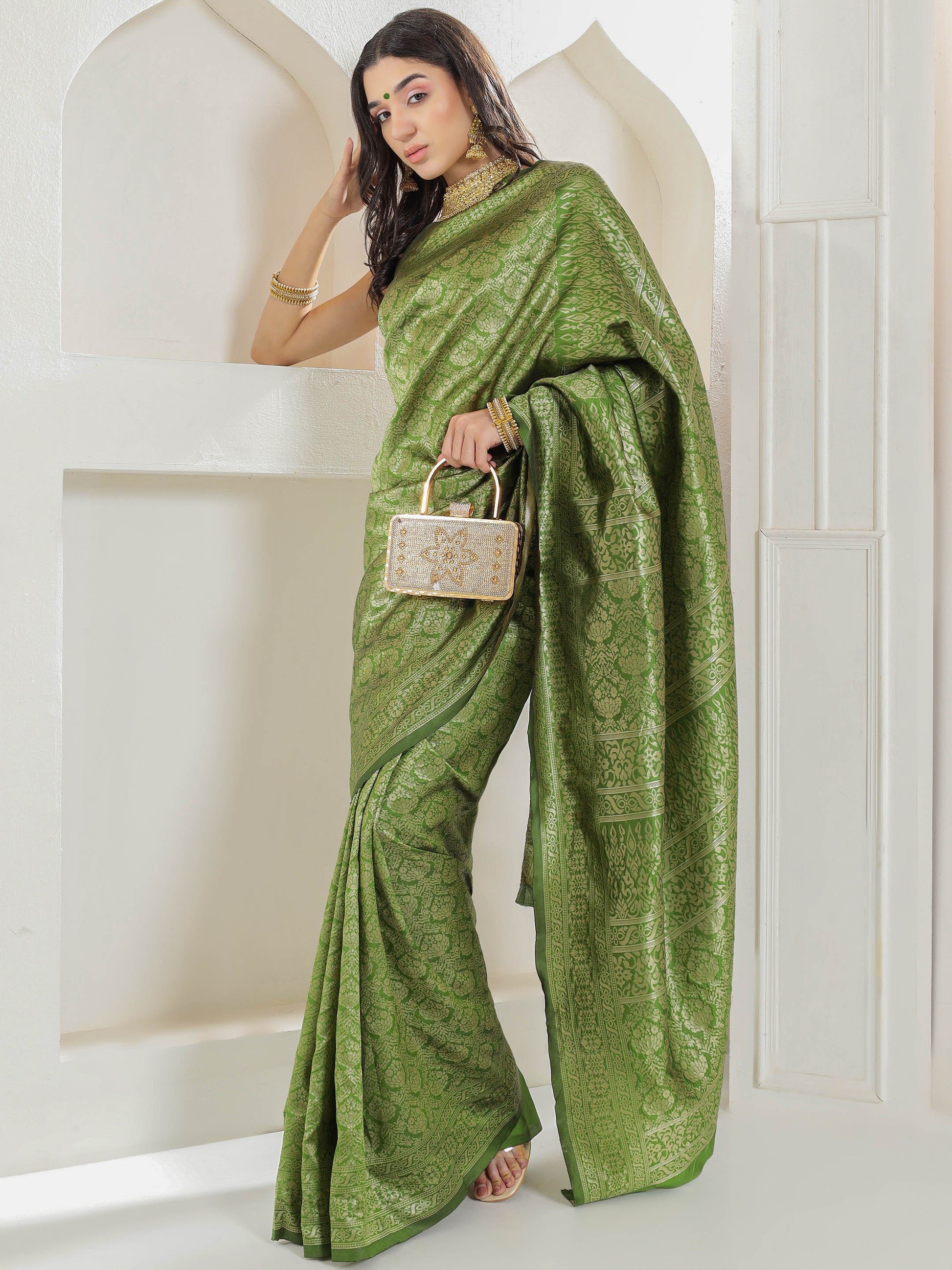 Brocade Silk Saree - Avocado Green