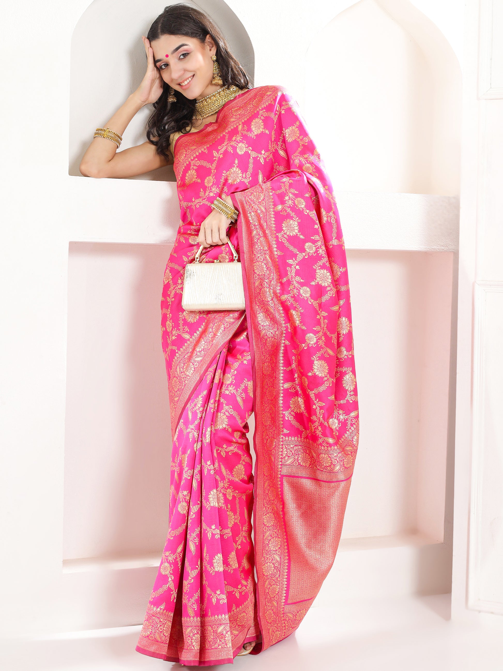 Banarasi Woven Silk Saree - Hot Pink