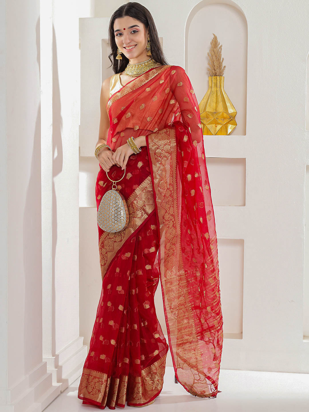 Banarasi Woven Organza Saree - Scarlet Red