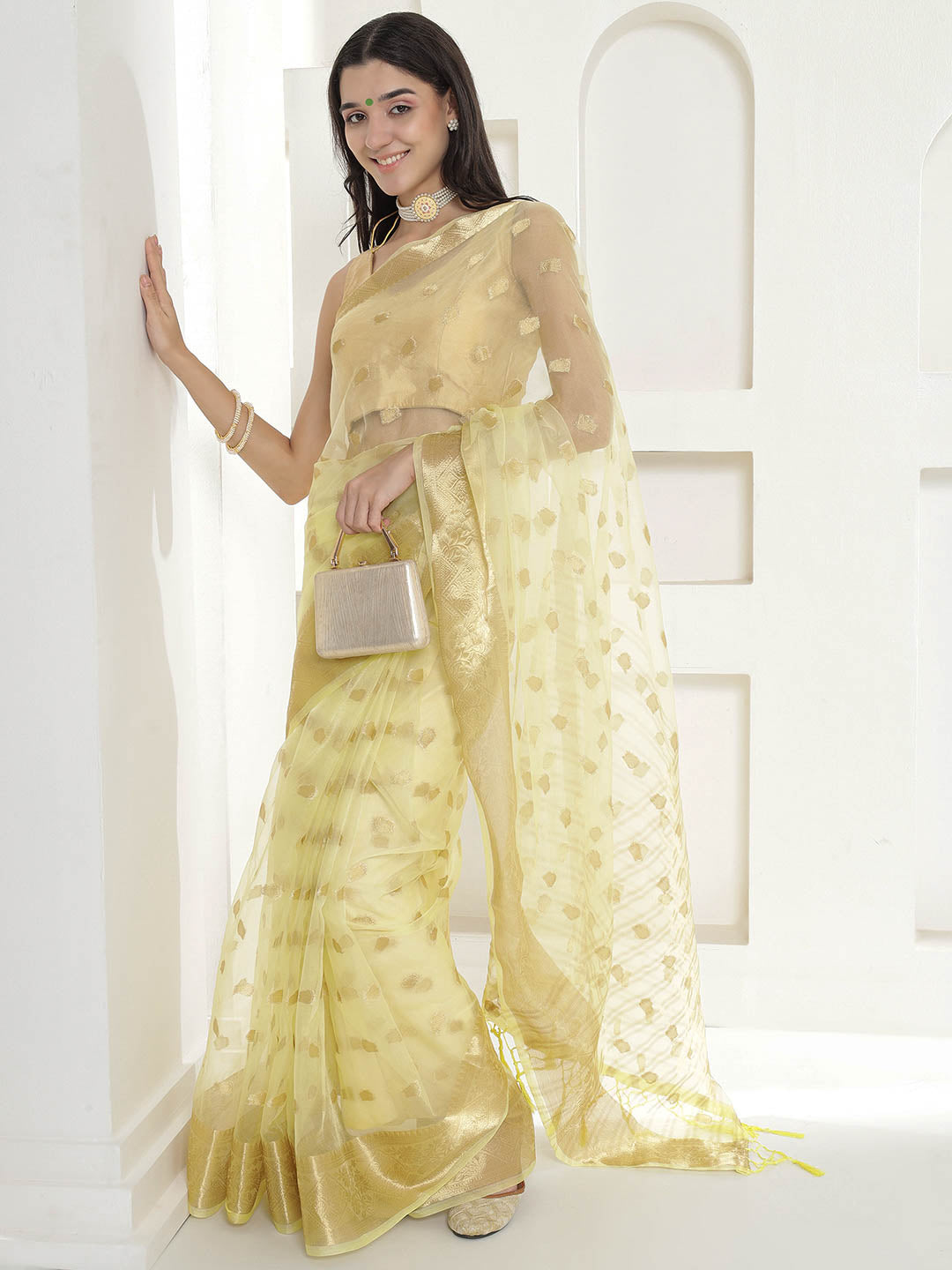 Banarasi Woven Organza Saree - Pale Yellow