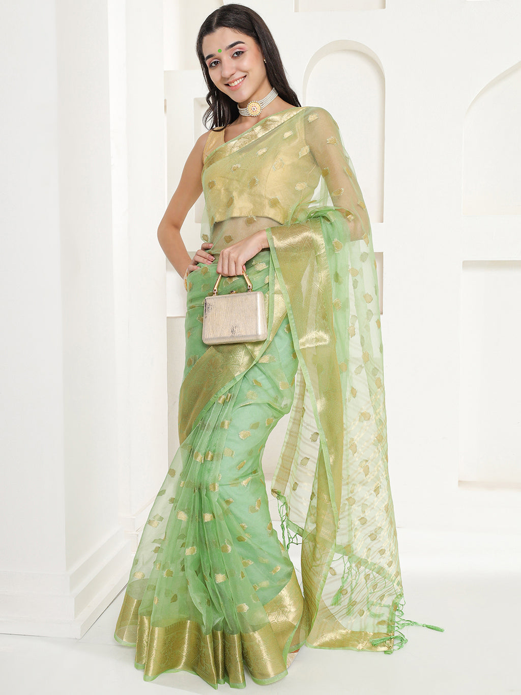 Banarasi Woven Organza Saree - Pistachio Green