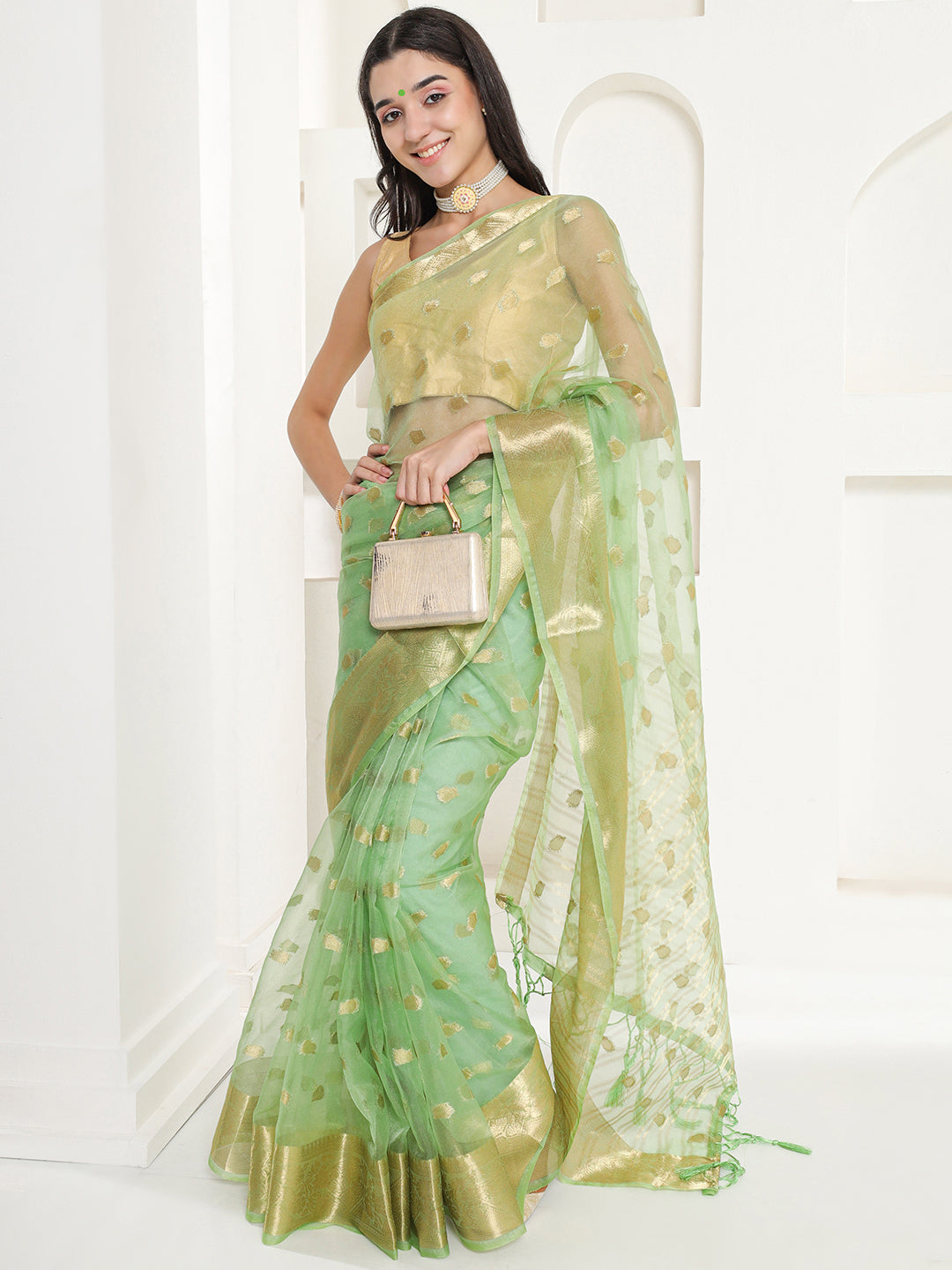 Banarasi Woven Organza Saree - Pistachio Green
