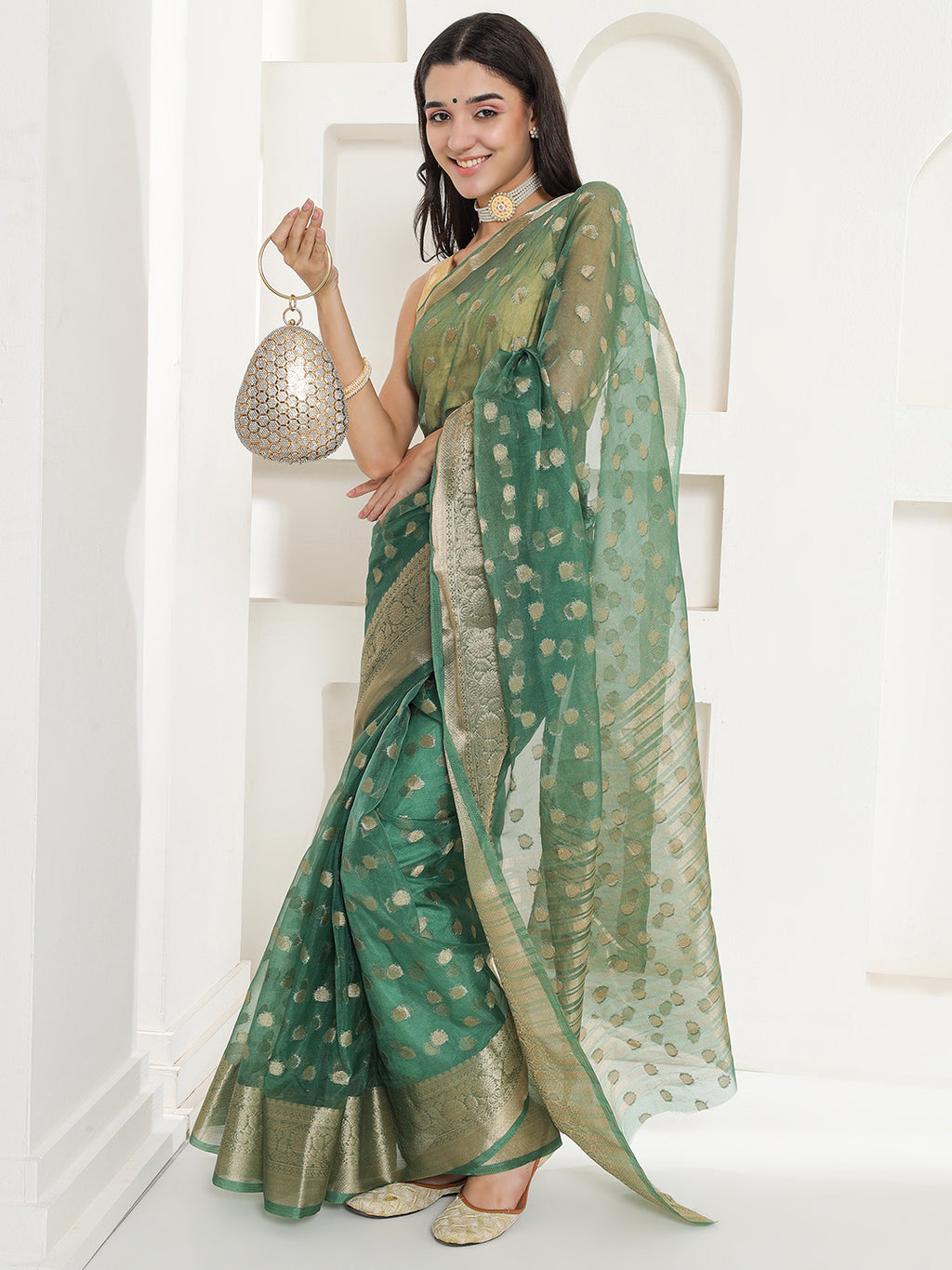 Banarasi Woven Organza Saree - Sacramento Green