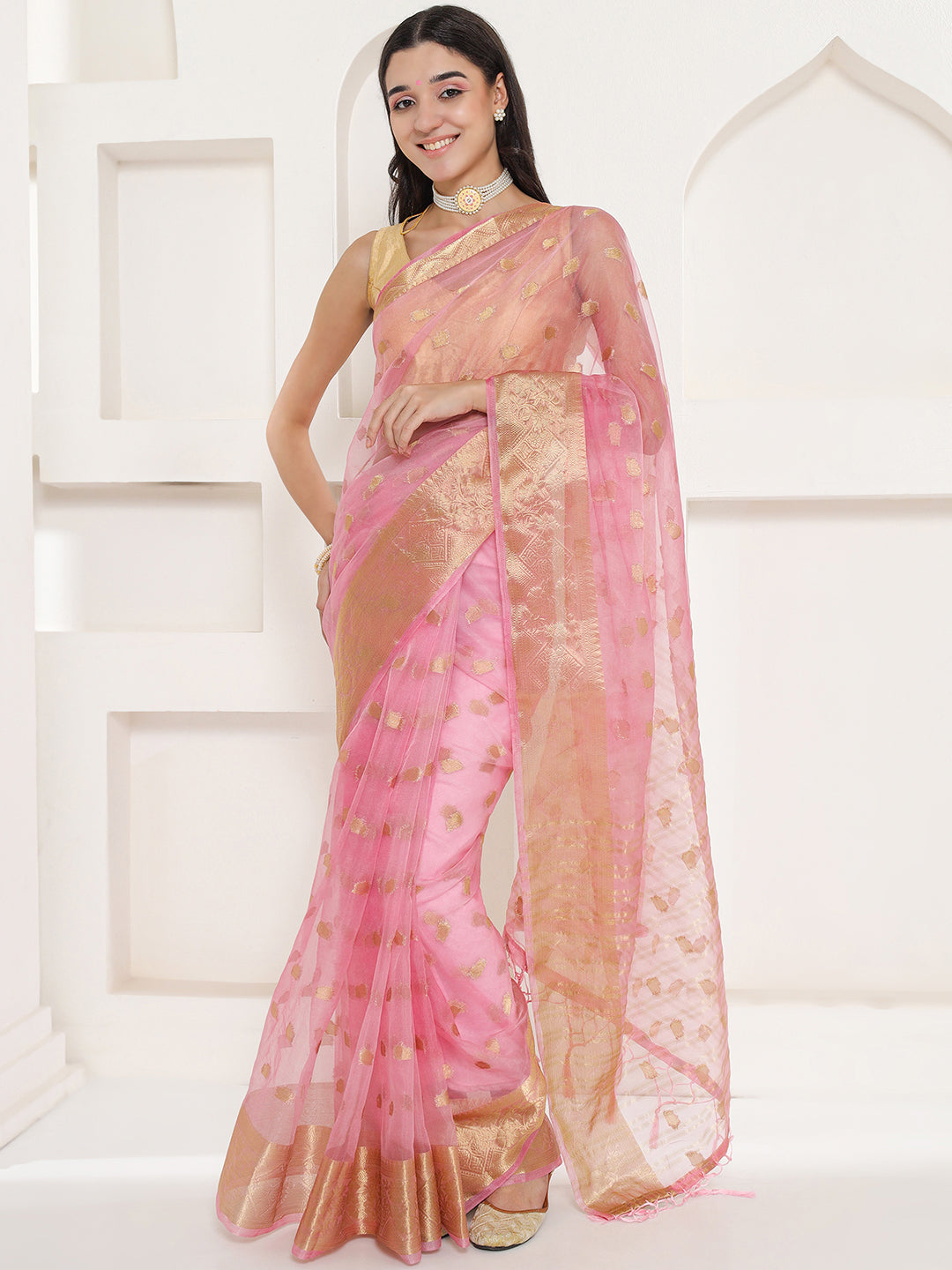 Banarasi Woven Organza Saree - Flamingo Pink