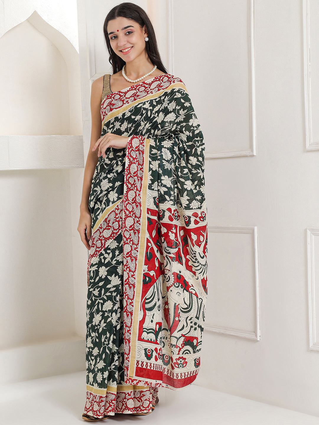 Ajrakh Print Cotton Saree - Verdant Green
