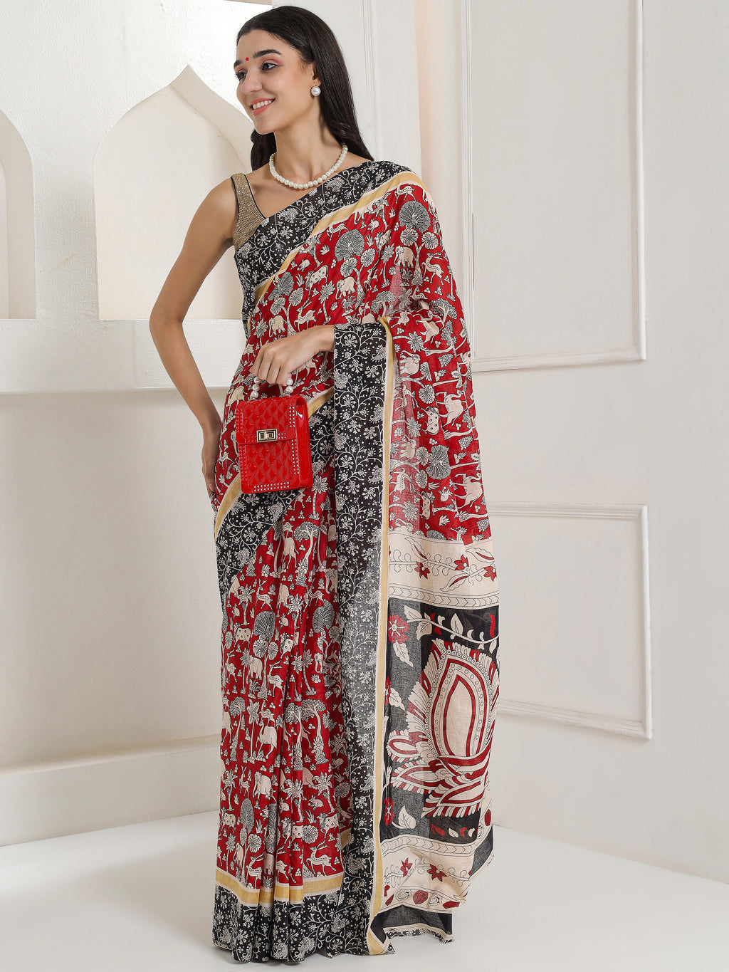 Ajrakh Print Cotton Saree - Deep Red