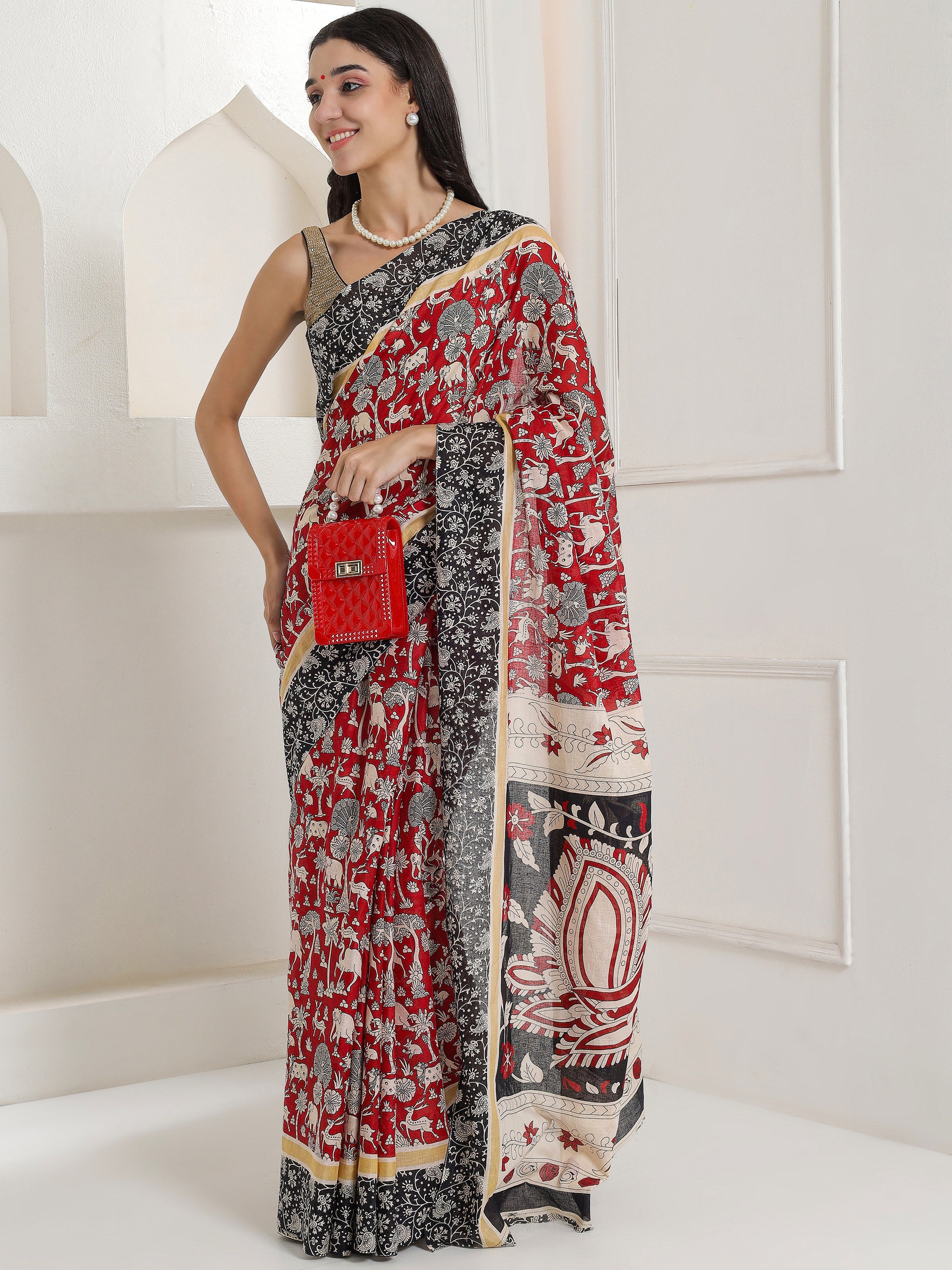 Ajrakh Print Cotton Saree - Deep Red